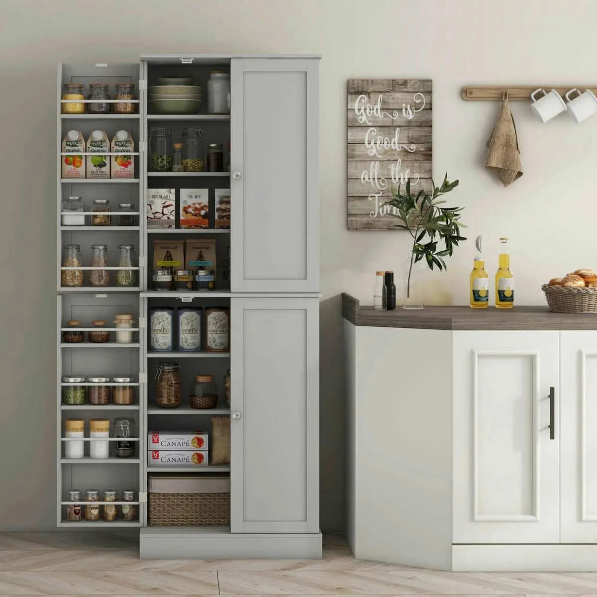 Spaco 17-Tier Kitchen Small Pantry Cabinet with 2 Doors and 6 Adjustable Shelves, Cabinet Pantry, Freestanding 5-Tier Shelving Pantries for Kitchen Storage, Gray - Image 67