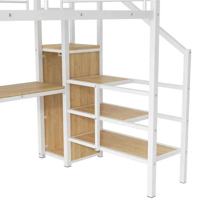 Complete Loft Bed Set with Desk, Storage Staircase, Compact Wardrobe, and LED Lighting
