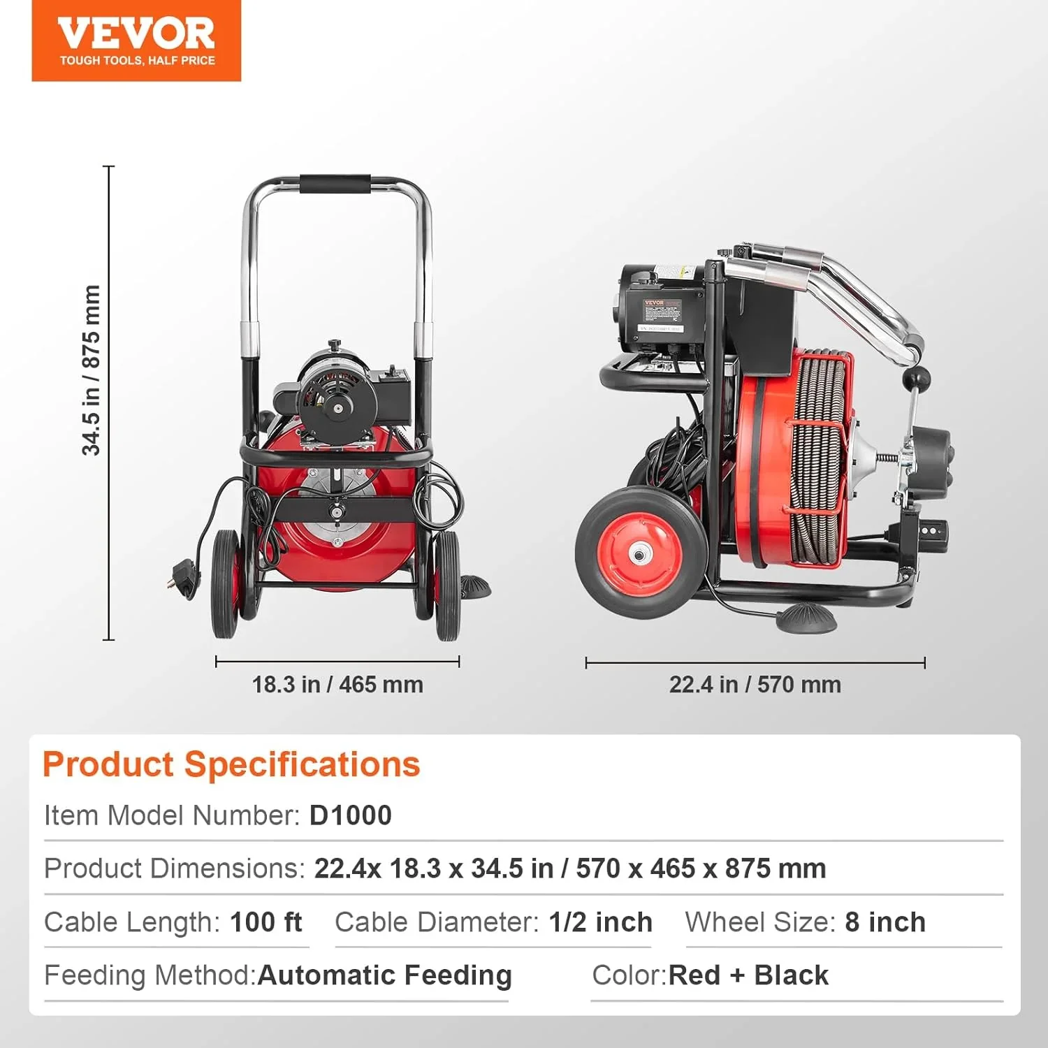 Drain Cleaner Machine 100FT x 1/2 Inch, Auto Feed Sewer Snake Auger on Wheels, 550W Portable Drain Cleaning Machine with 8 Cutters & Air-activated Foot for 2" to 4" Pipes