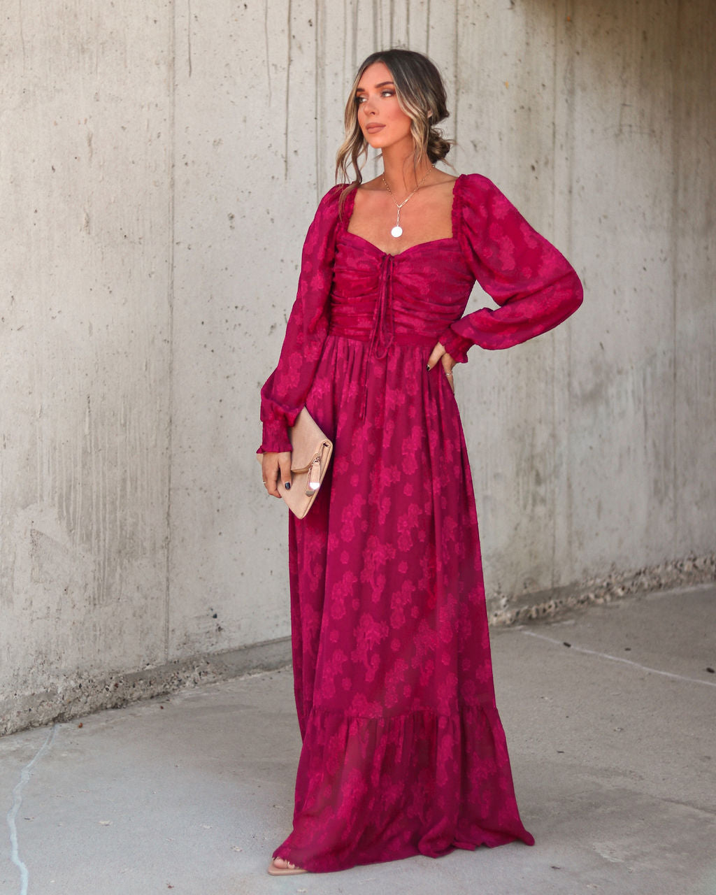 Tabitha Floral Pocketed Maxi Dress - Wine - Se7enfashion