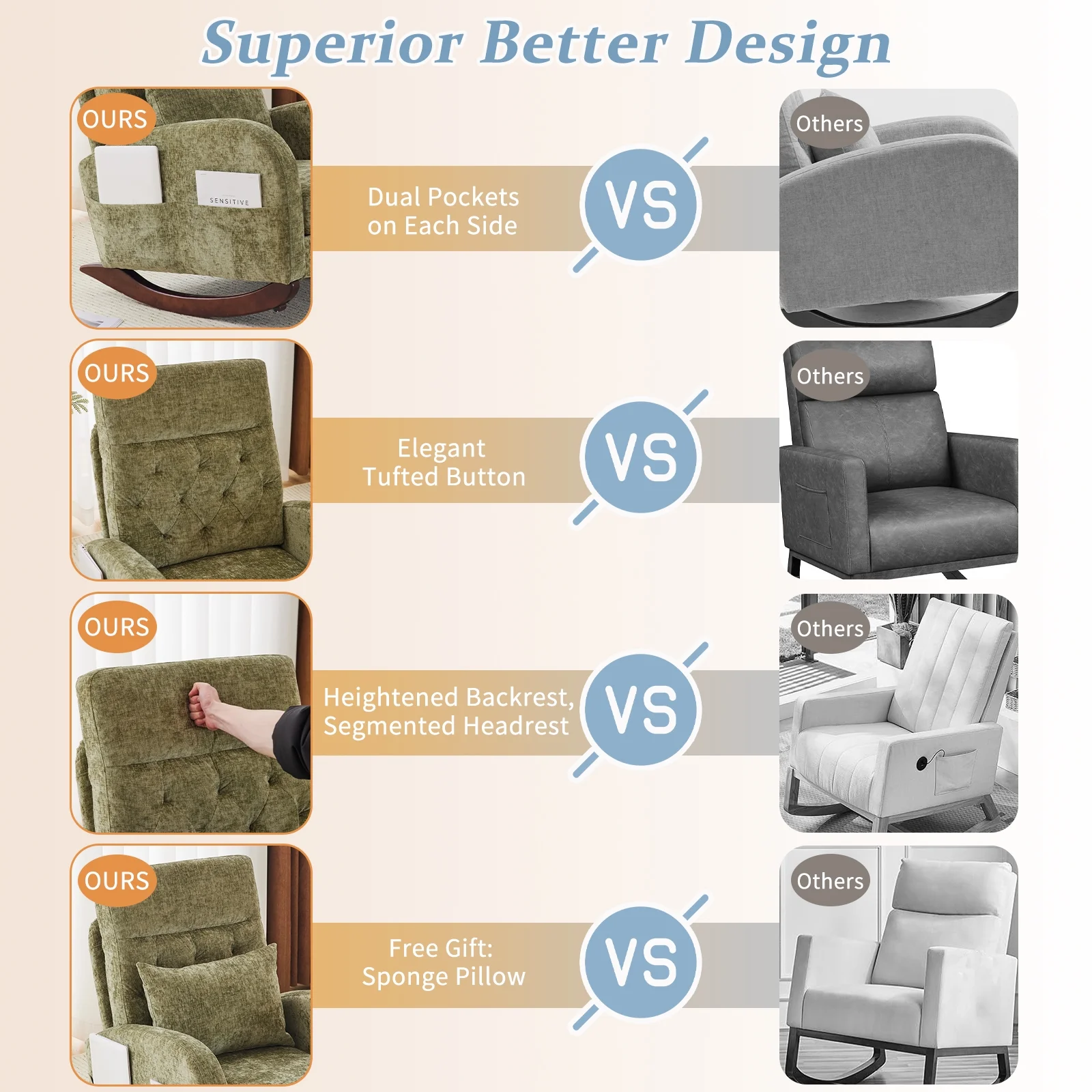 Ktaxon Rocking Accent Chair Glider Reading Chair Comfy Teddy Velvet Upholstered Single Sofa Rocker for Living Room, Nursery, Bedroom Beige - Image 45