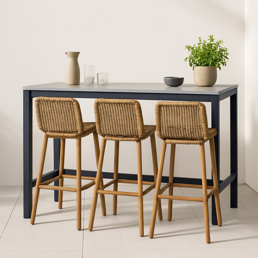Bar de jardin Mesa alta con taburetes Beige y Negro Metal y ratán sintético Exterior 150×70×105 cm