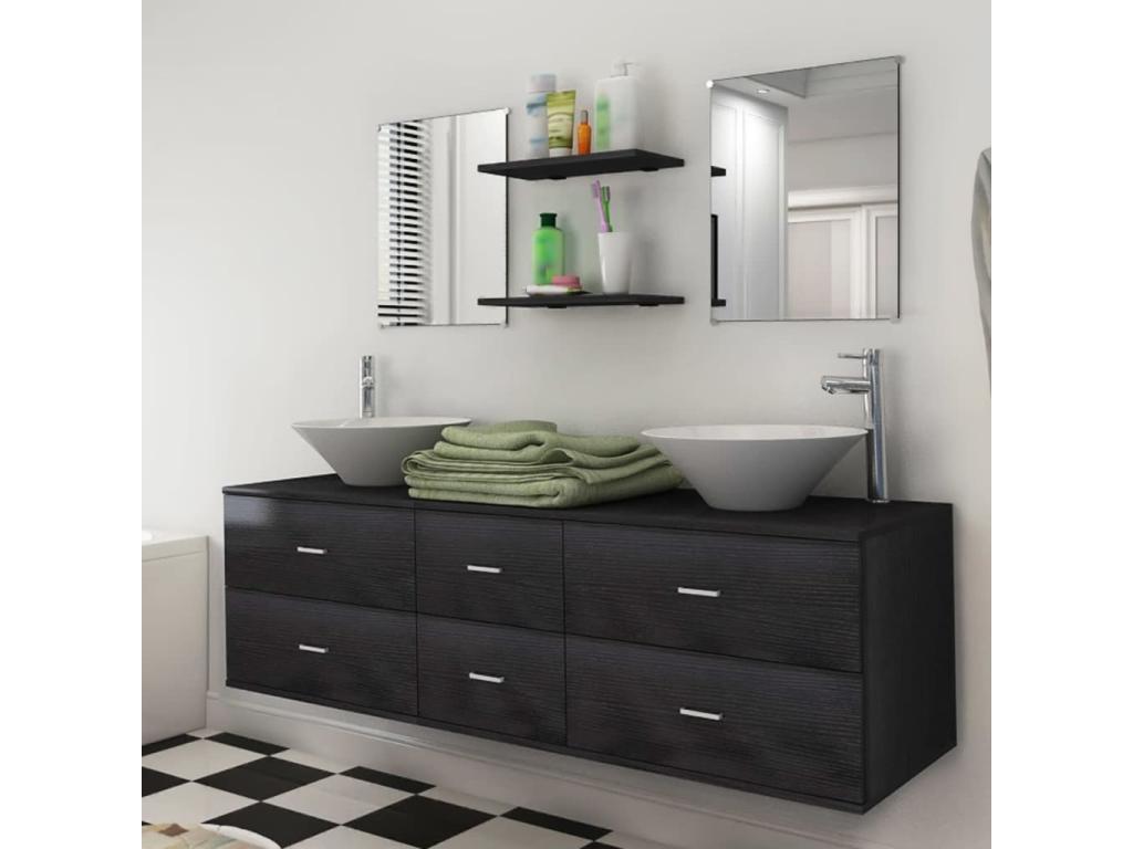 Mueble de baño con lavabo 7 piezas Negro