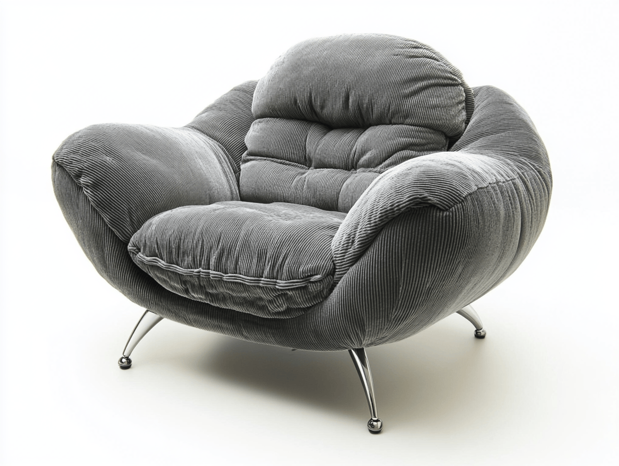 Sillón moderno 110×100×85 cm – terciopelo acanalado gris con patas metálicas plateadas – estilo envolvente ultraacolchado