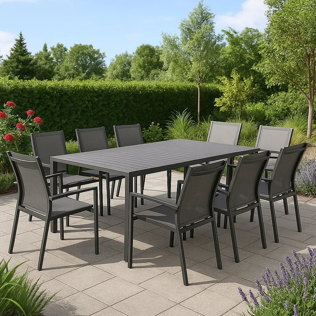 Conjunto de comedor de jardín para 9 personas, Estructura metálica, 9 sillas con respaldo de textilene, 1 mesa rectangular, Gris - VZqdAqh190Ow