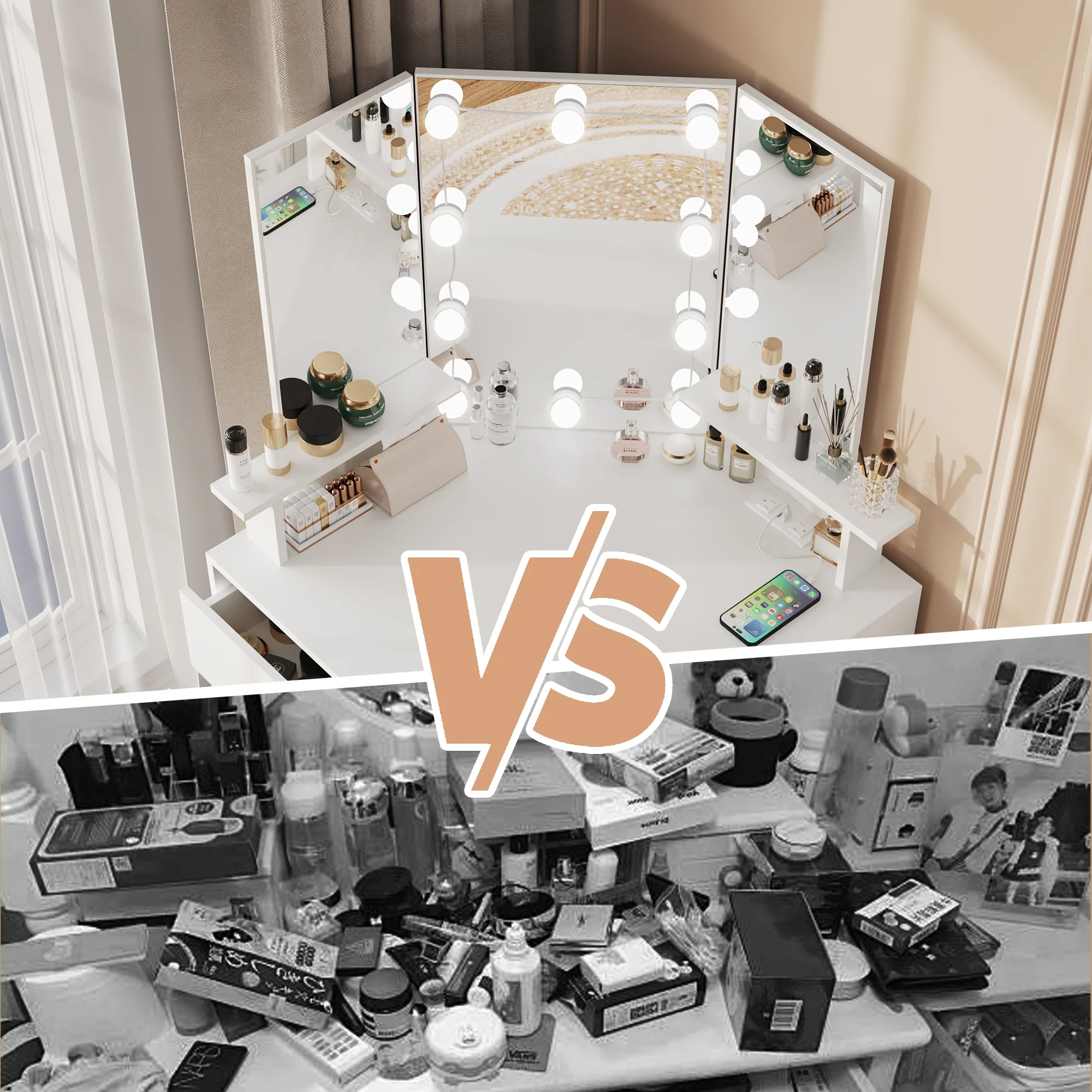 Veanerwood White Corner Vanity Desk with Mirror and Light,Makeup Table with 4 Drawers and Charging Station for Bedroom - Image 2
