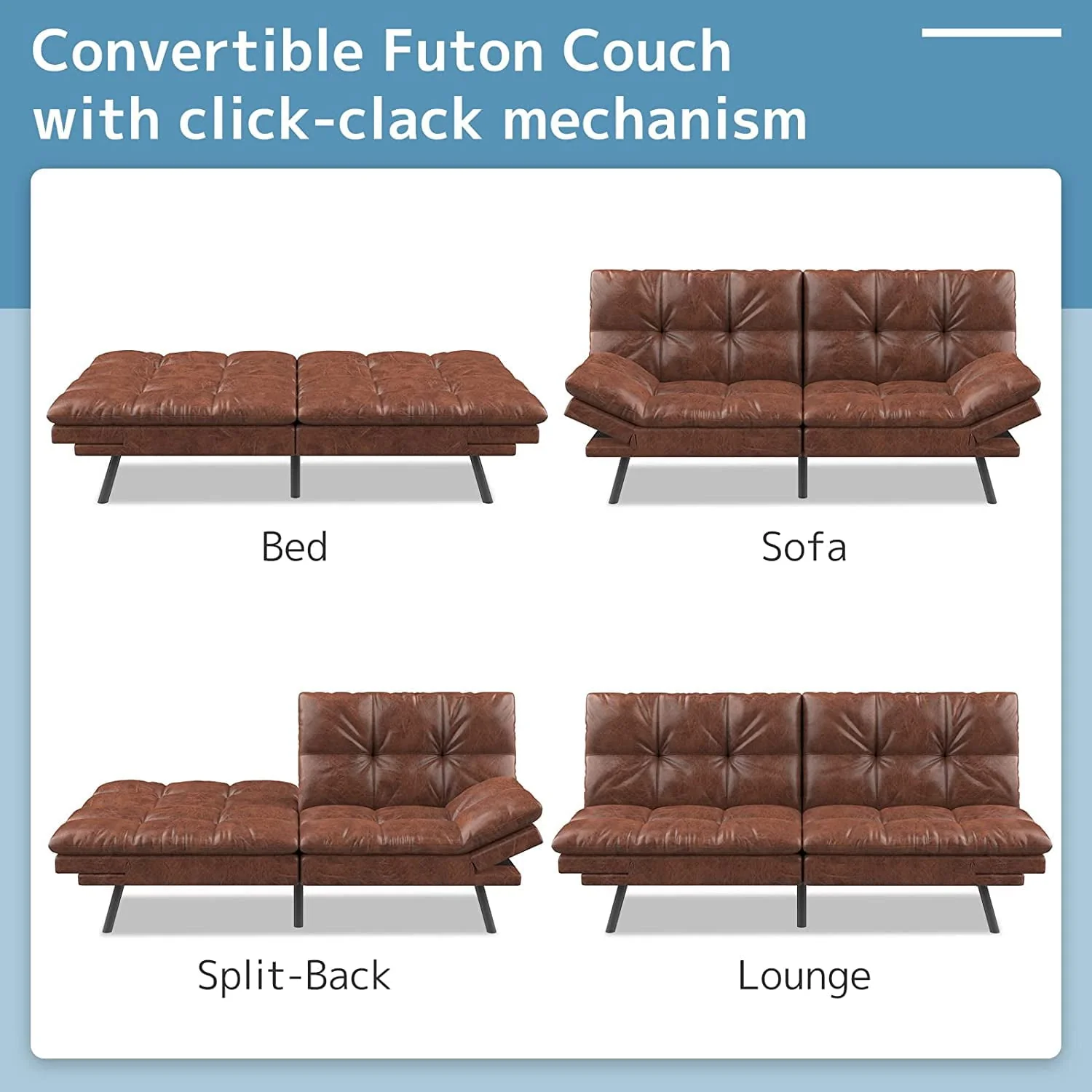 Convertible Futon Sofa Bed, Modern Sleeper Sofa, Brown - Image 7