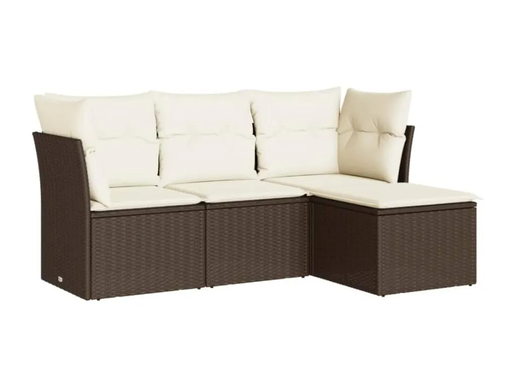 Set de sofás de jardín 4 piezas y cojines ratán sintético marrón