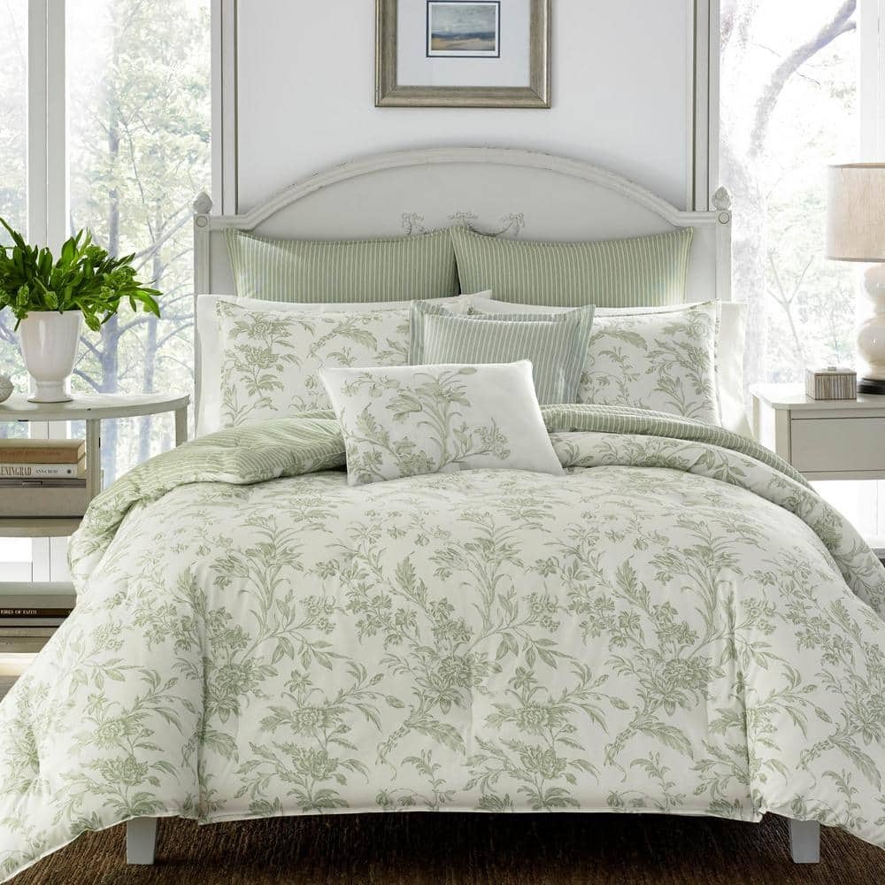 WAYFAIR Laura Ashley - Natalie 7-Piece Green Floral Cotton Full/Queen Comforter Set