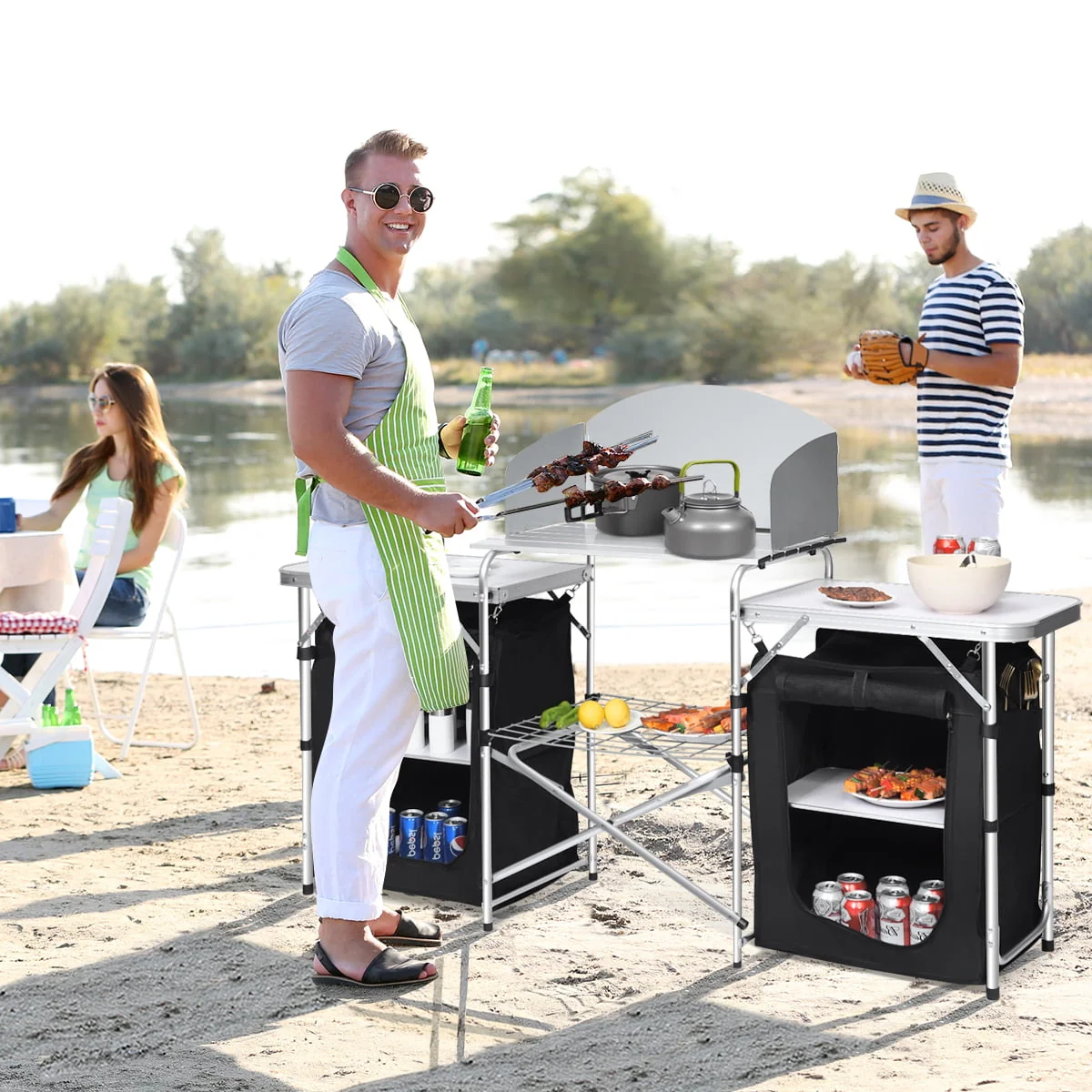 Goplus Folding Portable Aluminum Camping Grill Table w/ Storage Organizer Windscreen Black - Image 3