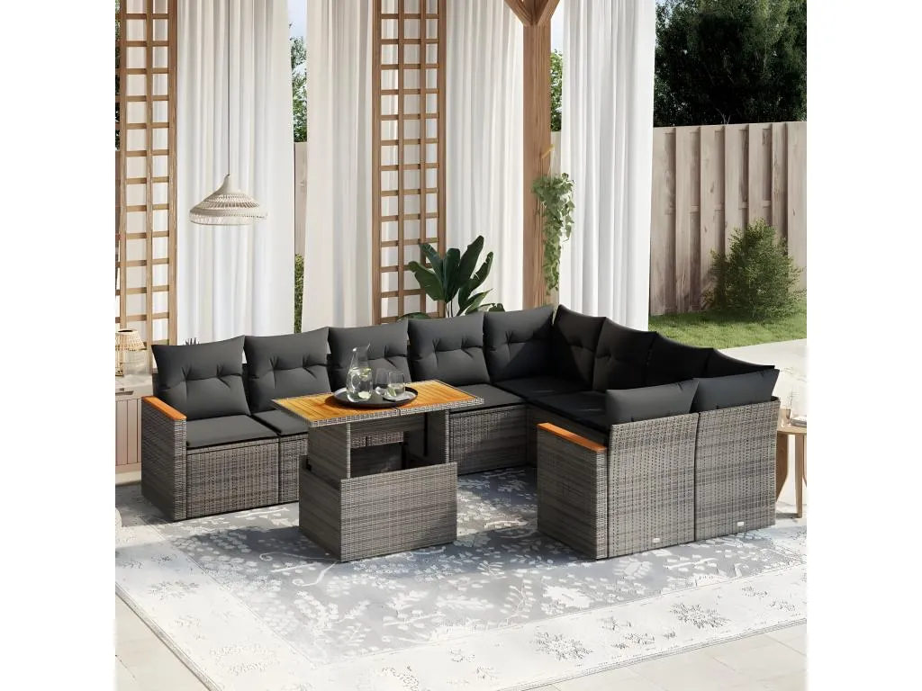 Set de sofás de jardín 10 piezas con cojines ratán sintético gris