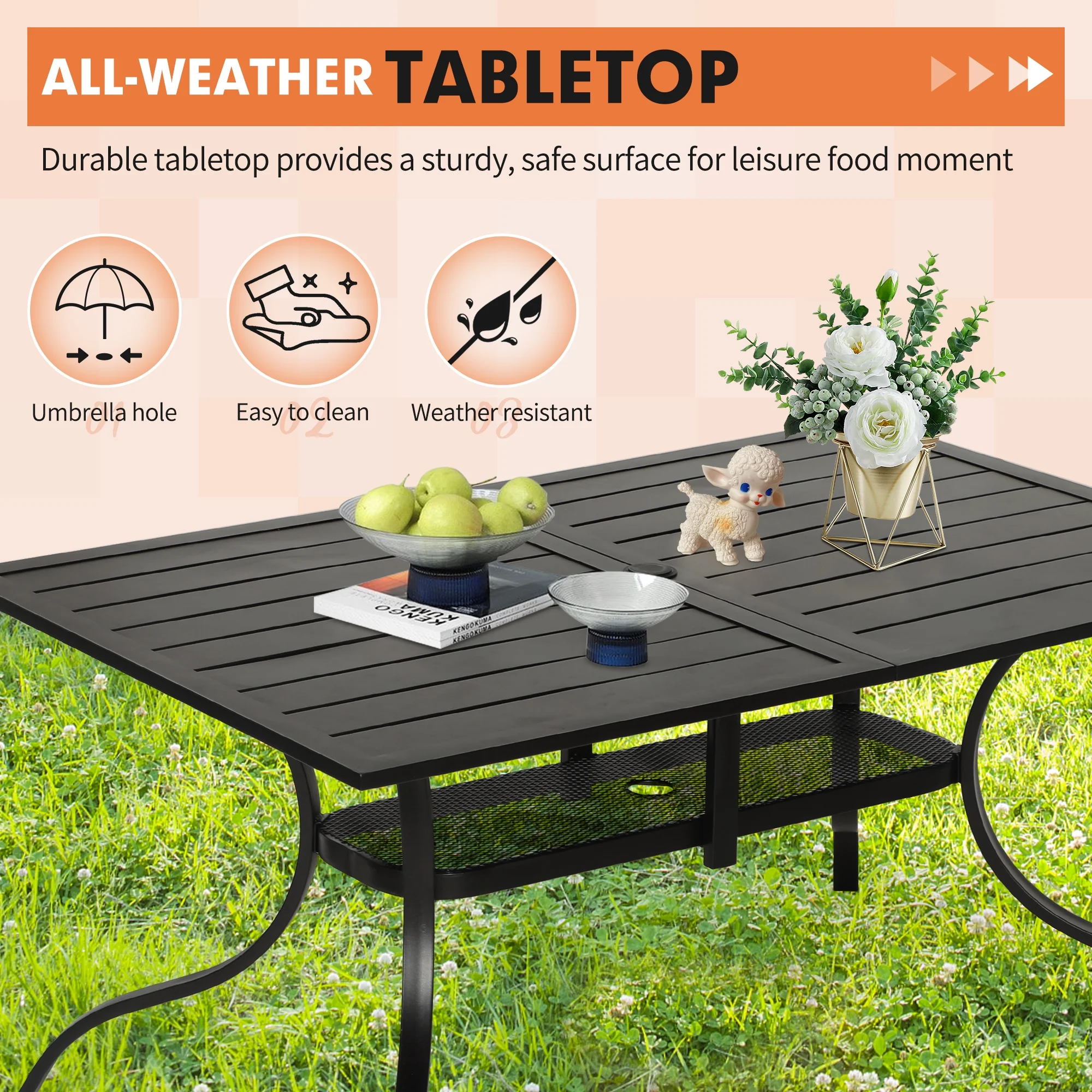 SOLAURA Outdoor Patio Dining Rectangle Metal Table for 6-Person with Umbrella Hole, Black - Image 5