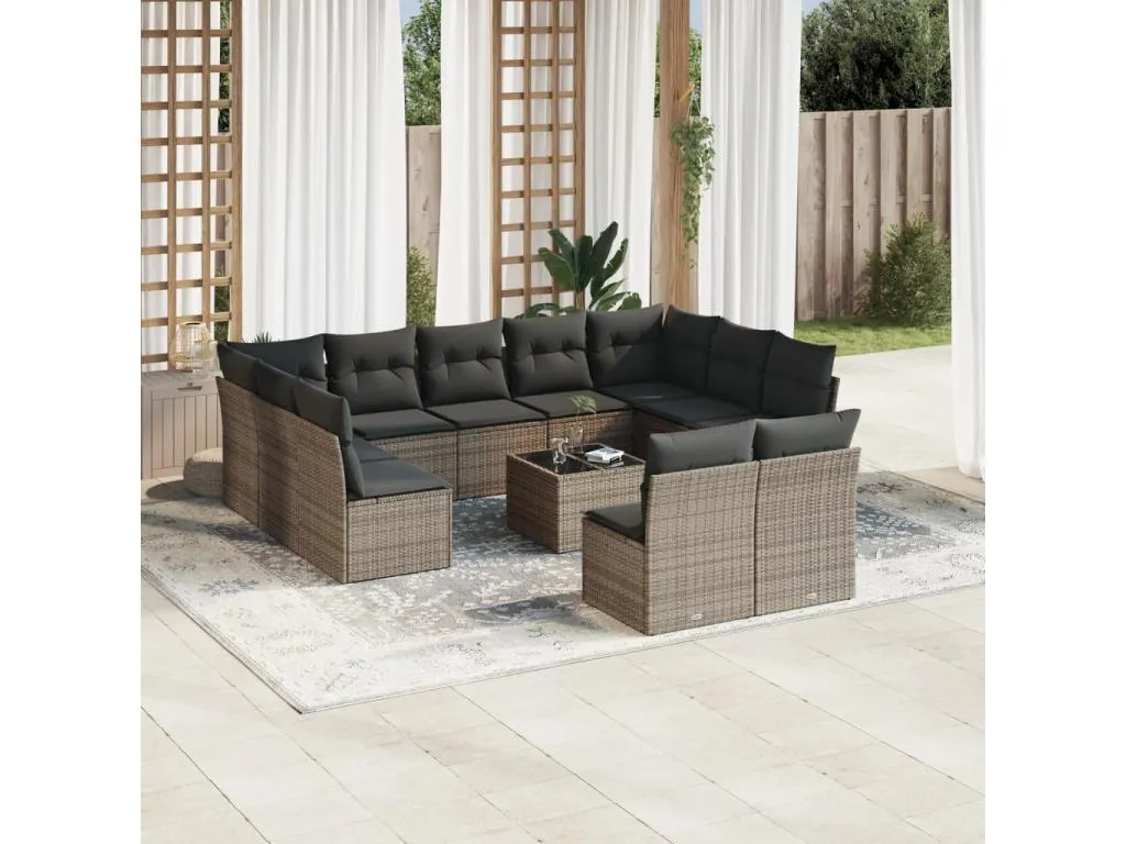Set de sofás de jardín 12 piezas con cojines ratán sintético gris HOQI00900