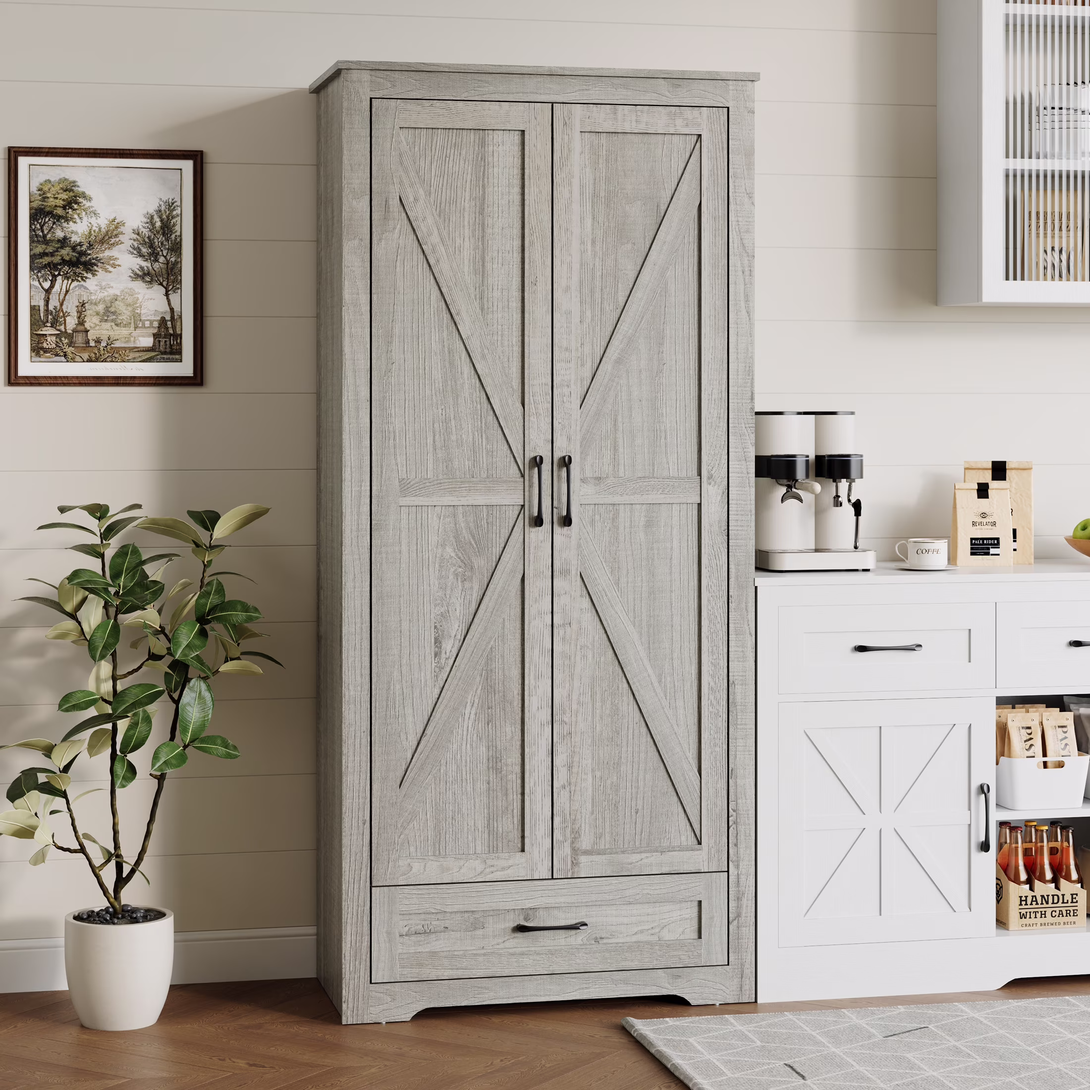 YouTrend 69" Tall Kitchen Pantry,Farmhouse Storage Cabinet with 2 Barn Doors 4 Adjustable Shelves and Large Drawer for Dining Room,Living Room,Bathroom,White
