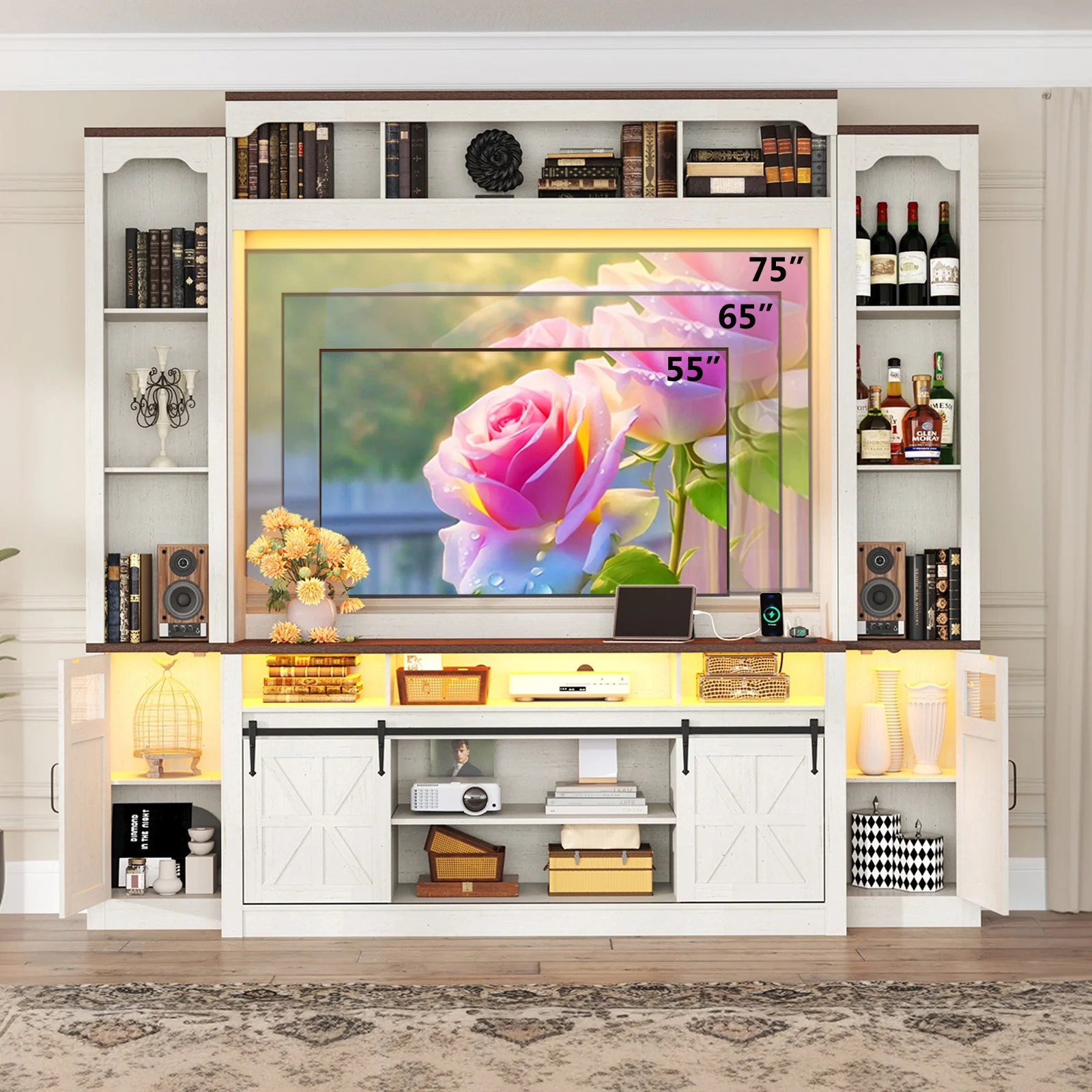 Farmhouse Wall Unit TV Stand with Storage for TVs up to 75", Large Entertainment Center with Bookshelves, LED Light & Power Outlet for Living Room - Image 9