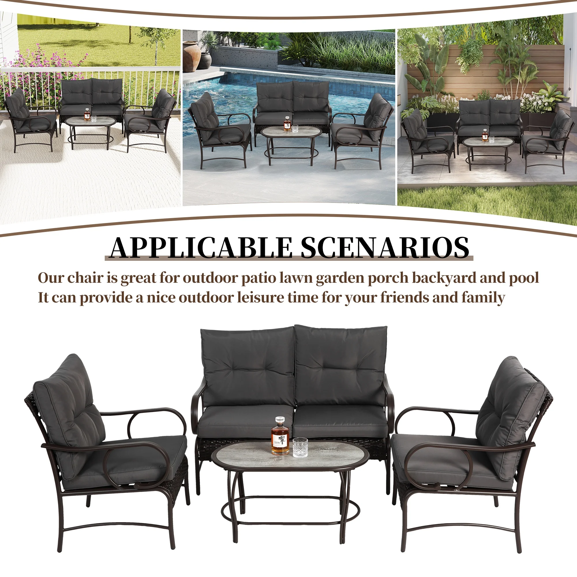Patio Sofa Set, 4 Pieces Outdoor Sectional Furniture, All-Weather PE Rattan Wicker Patio Conversation Set, Cushioned Sofa Set with Coffee Table for Patio Garden Poolside Deck - Image 32