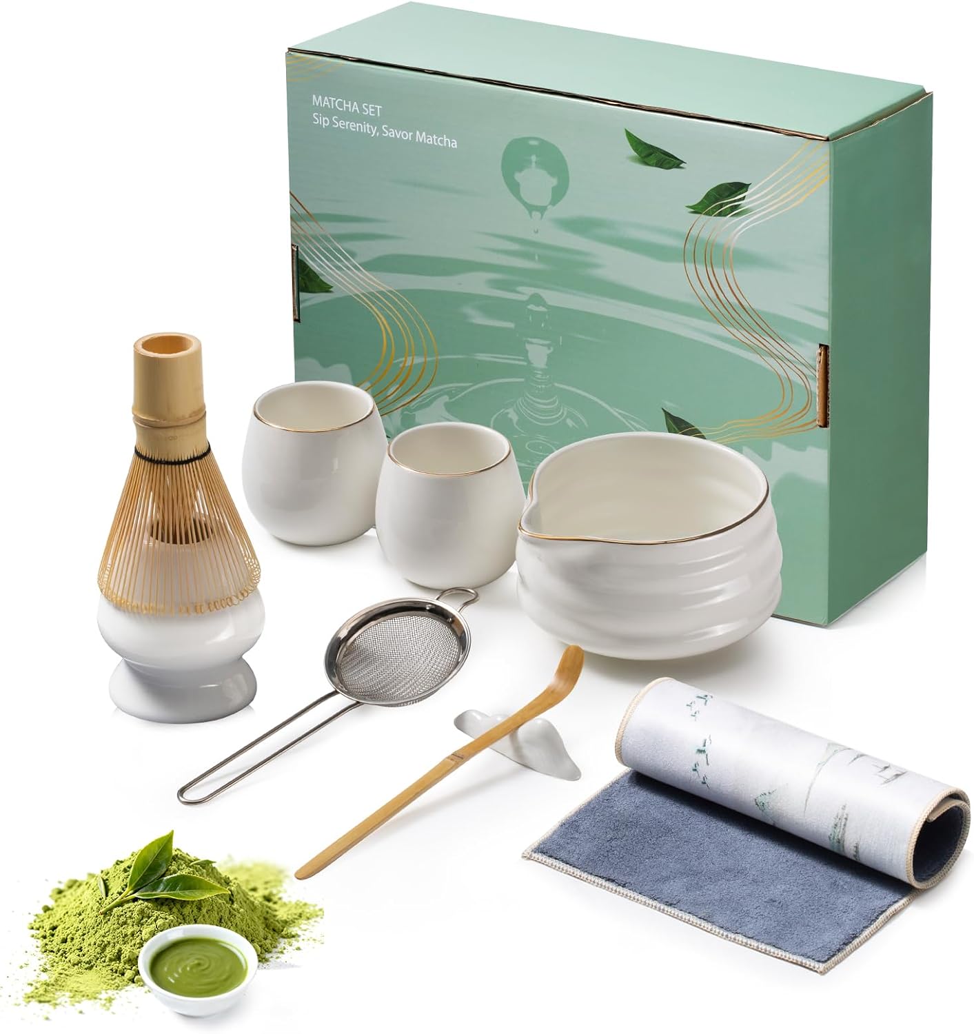 9-Piece Japanese Matcha Set, 18oz Ceramic Bowl with 2 Gold-Inlaid Cups, Handcrafted Bamboo Whisk, Sifter & Whisk Holder, Authentic Matcha Tea Making Kit for Beginners & Tea Lovers, Gift Box (White)
