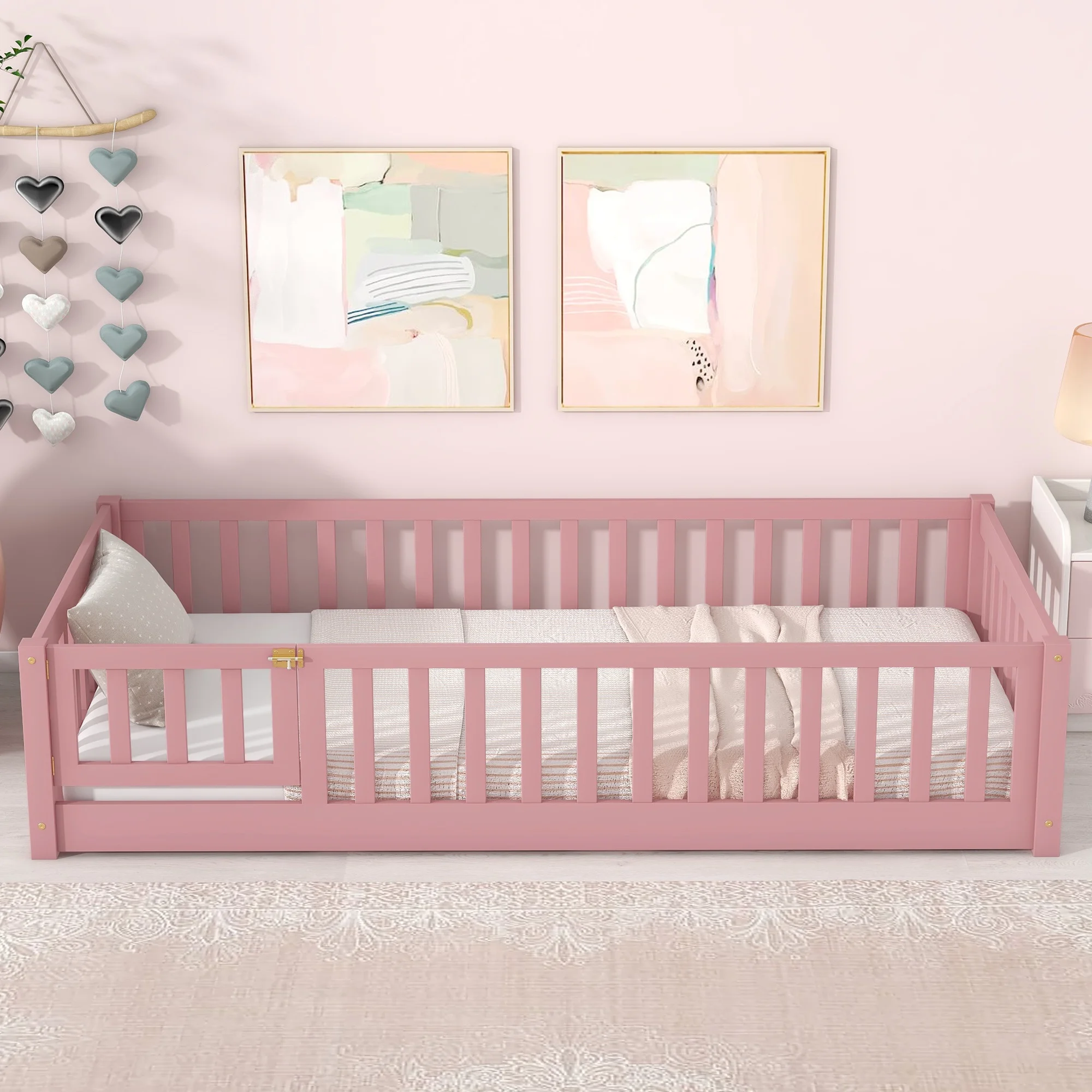 UHOMEPRO Twin Size Floor Bed with Door and Fence, Montessori Floor Bed with Slats and Safety Guardrails, Solid Wood Twin Bed Frame for Bedroom, White - Image 41