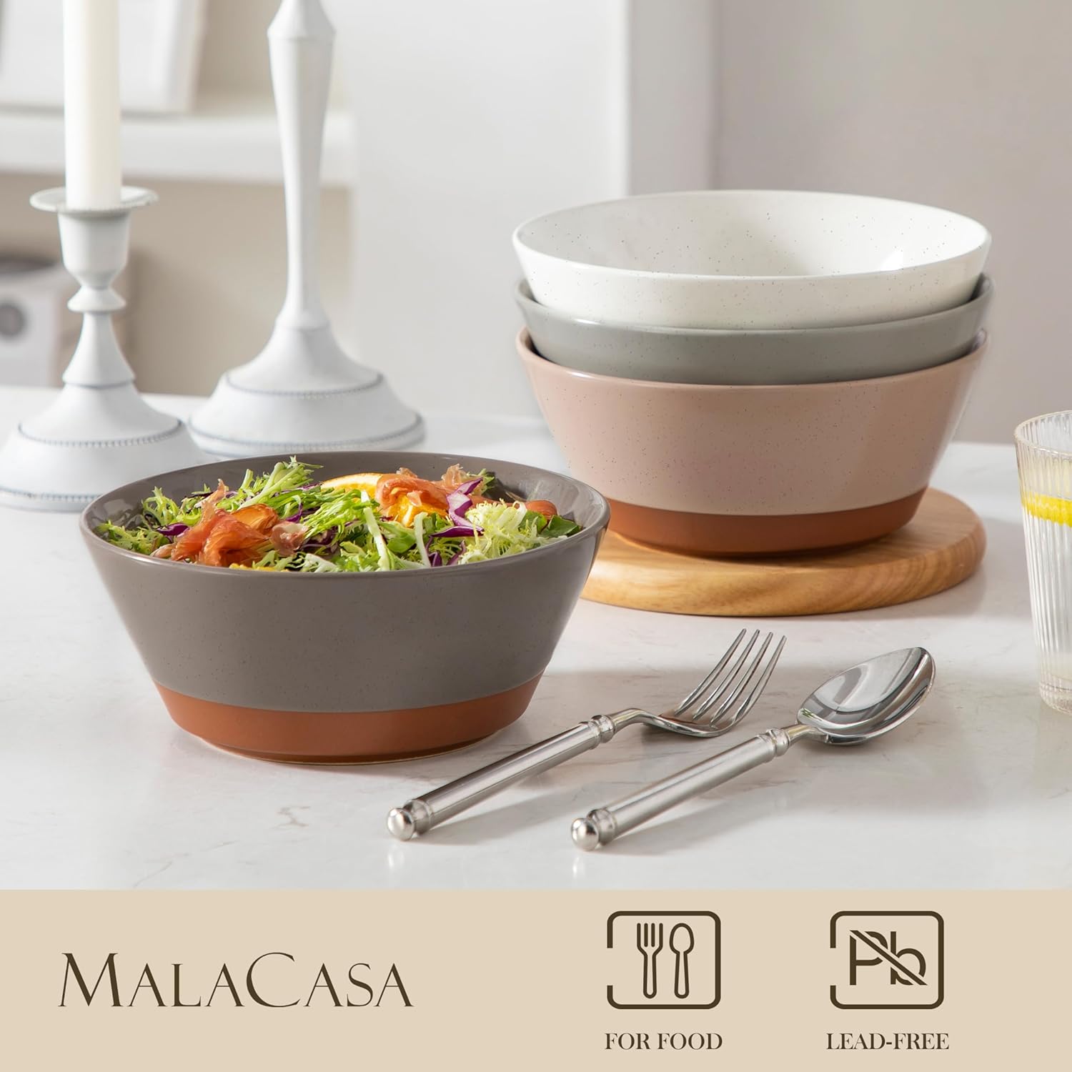 MALACASA Soup Bowls, Ceramic Salad Bowls Set of 4, 36oz Ceramic Bowls for Ramen, Cereal, Fruit and Pho, Microwave & Dishwasher Safe, Speckled Deep Bowls, Multicolor