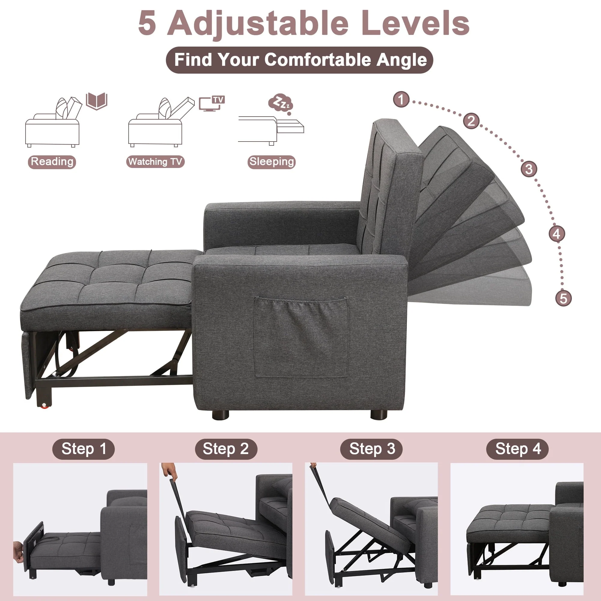 Tolead 3-in-1 Convertible Sofa Bed Sleeper Chair with Adjustable Backrest, Gray - Image 7