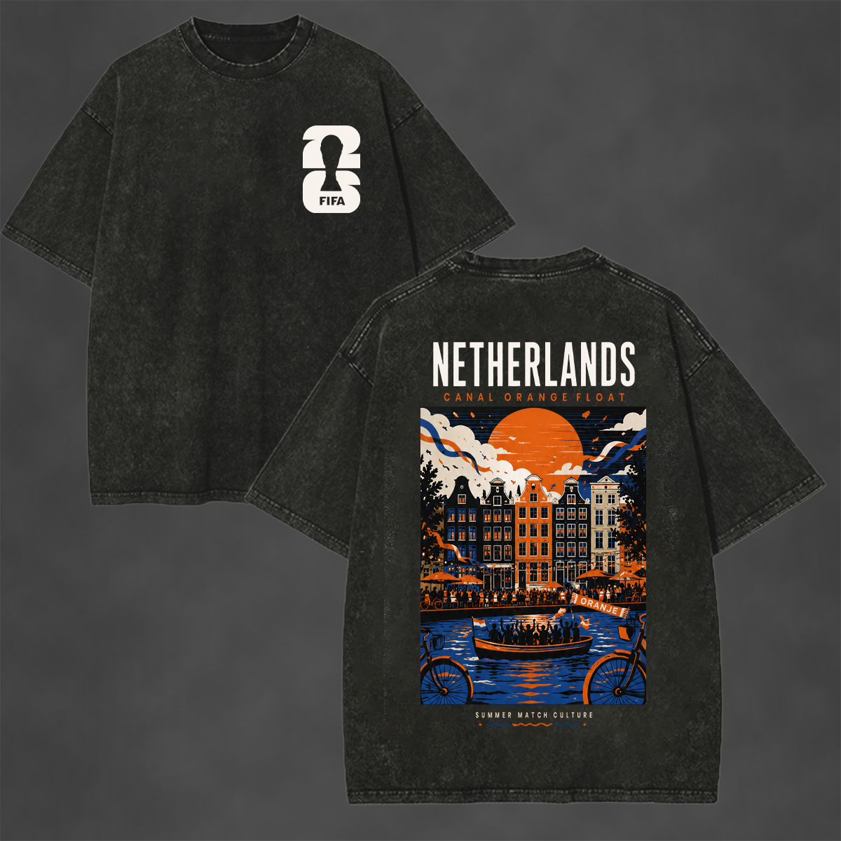 Netherlands Canal Orange Float Printed Unisex Washed T-Shirt