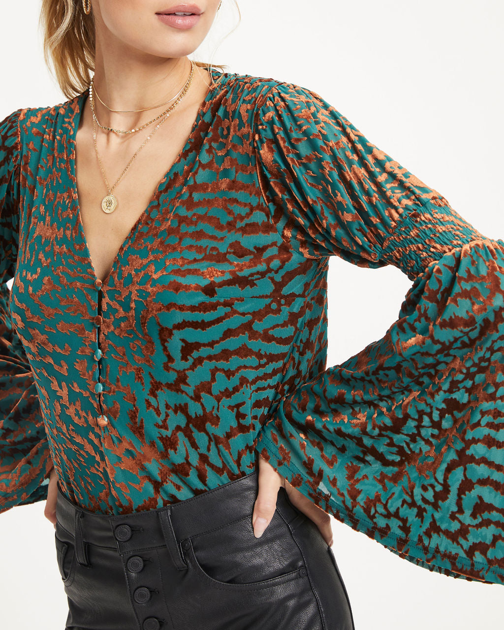 Annalisa Velvet Burnout Bell Sleeve Top - Green - Se7enfashion