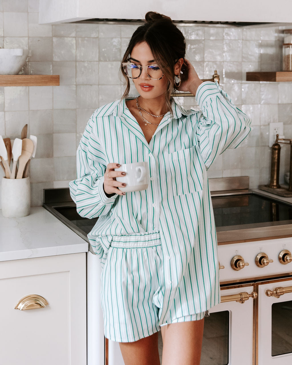 Dusk Till Dawn Striped Button Down Top - Green - Se7enfashion