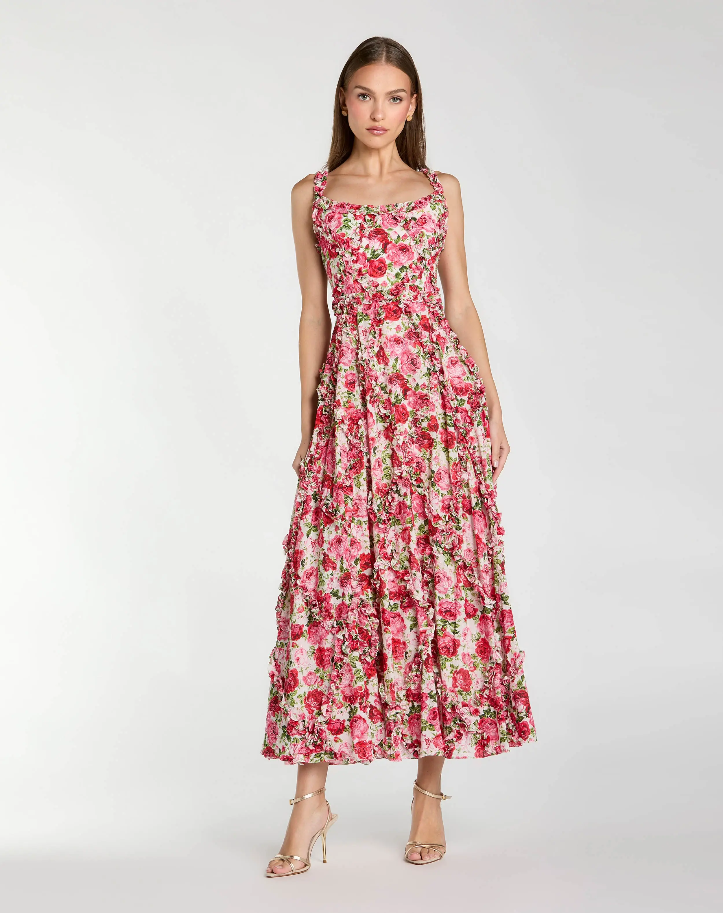 Petite Pink Ruffle Scoop Neck Floral A-Line Dress - Special Events Unlimited