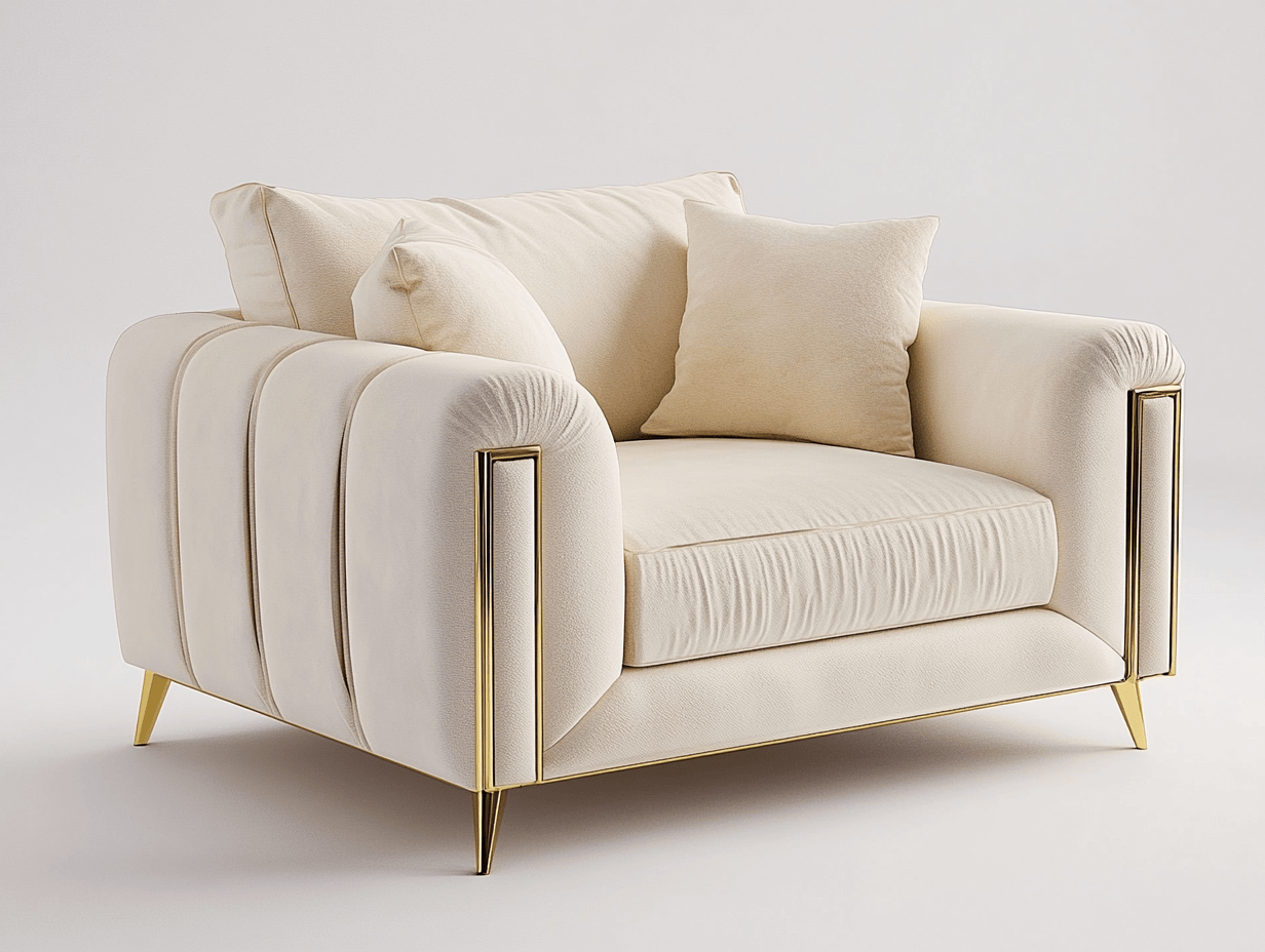Sillón moderno en color crema con patas doradas y cojines incluidos, estilo elegante, 95x88x80cm