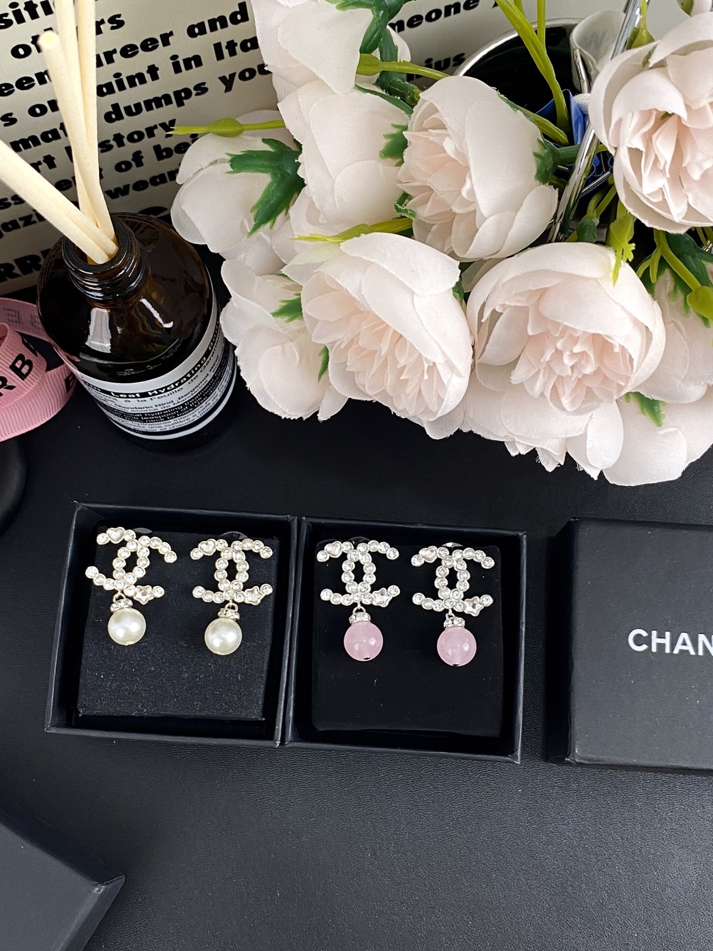 Chanel Pink Crystal Pearl Dangle Rhinestone CC Earrings - Original Replica Club