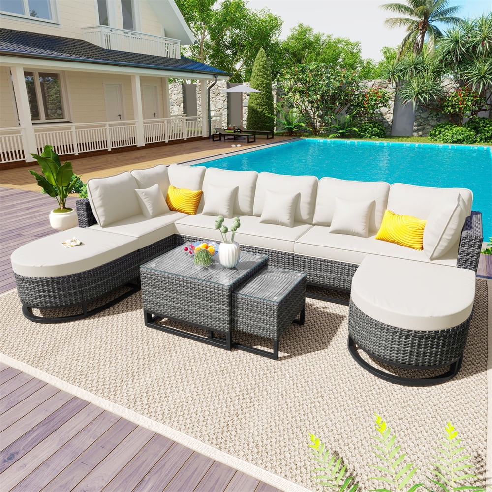 8 Pieces Outdoor Wicker Round Furniture Set, All Weather Half-Moon Sectional Patio Sofa Sets with Rectangular Coffee Table, Beige - Image 22