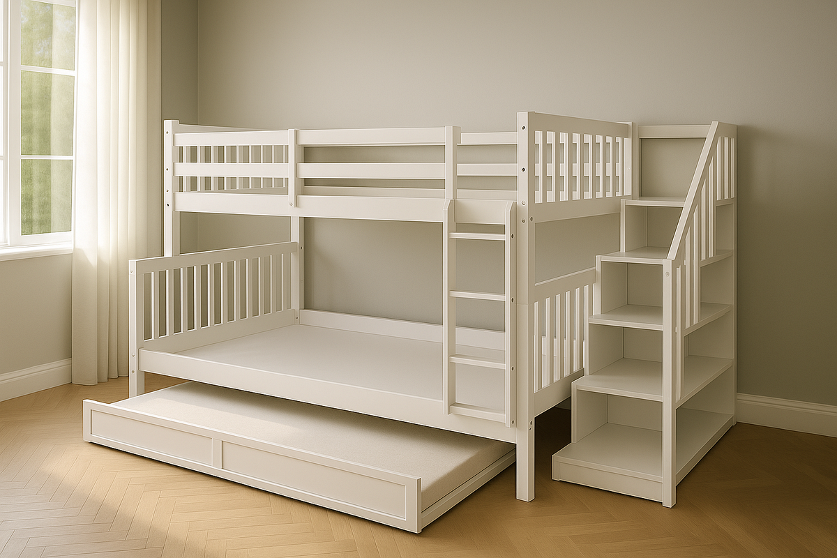Cama Litera Blanca Madera Escaleras Almacenamiento Convertibles 200x100x180cm