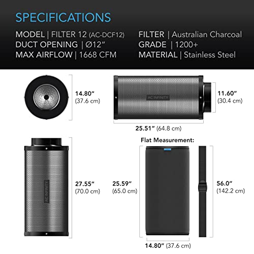 AC Infinity Air Carbon Filter 12in Duct Opening, 28in Length - Australian Virgin Charcoal - Image 3 AC Infinity Air Carbon Filter 12in Duct Opening, 28in Length - Australian Virgin Charcoal - Image 3