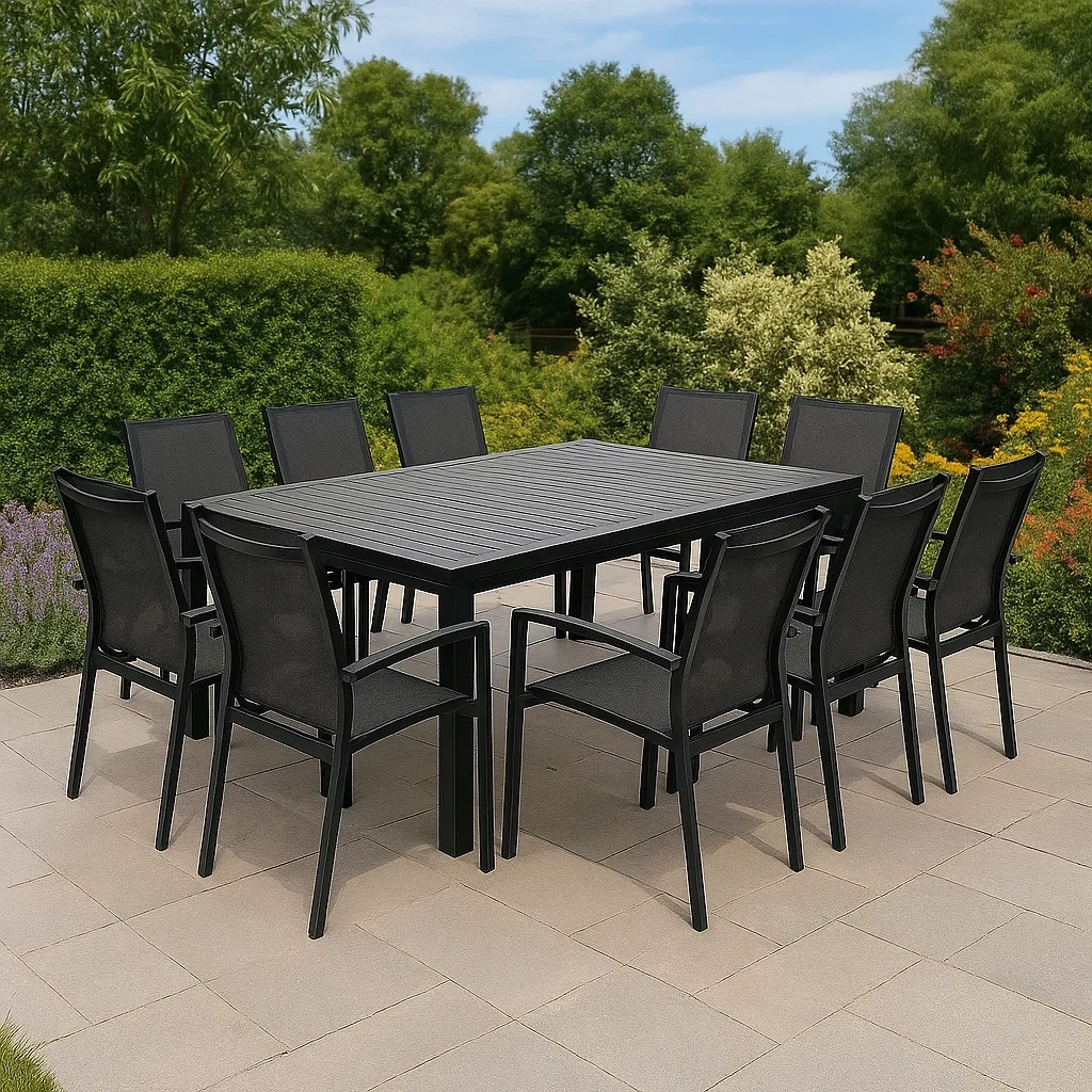 Conjunto de comedor de jardín para 10 personas, estructura de metal y textileno, 10 sillas, 1 mesa, Negro - ZXvSmtw189Ws