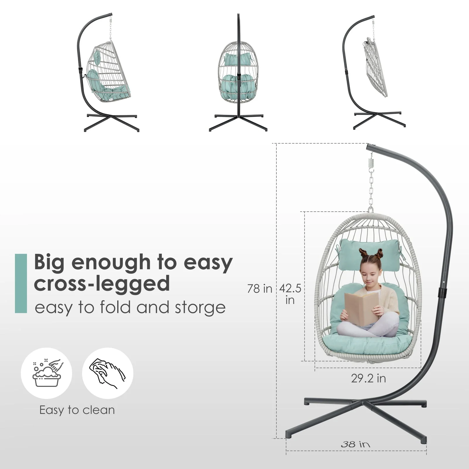 Hanging Egg Chair with Steel Stand and Fluffy Cushion, Lounge Wicker Iron Swing Chairs for Indoor Outdoor Patio Garden - Image 4