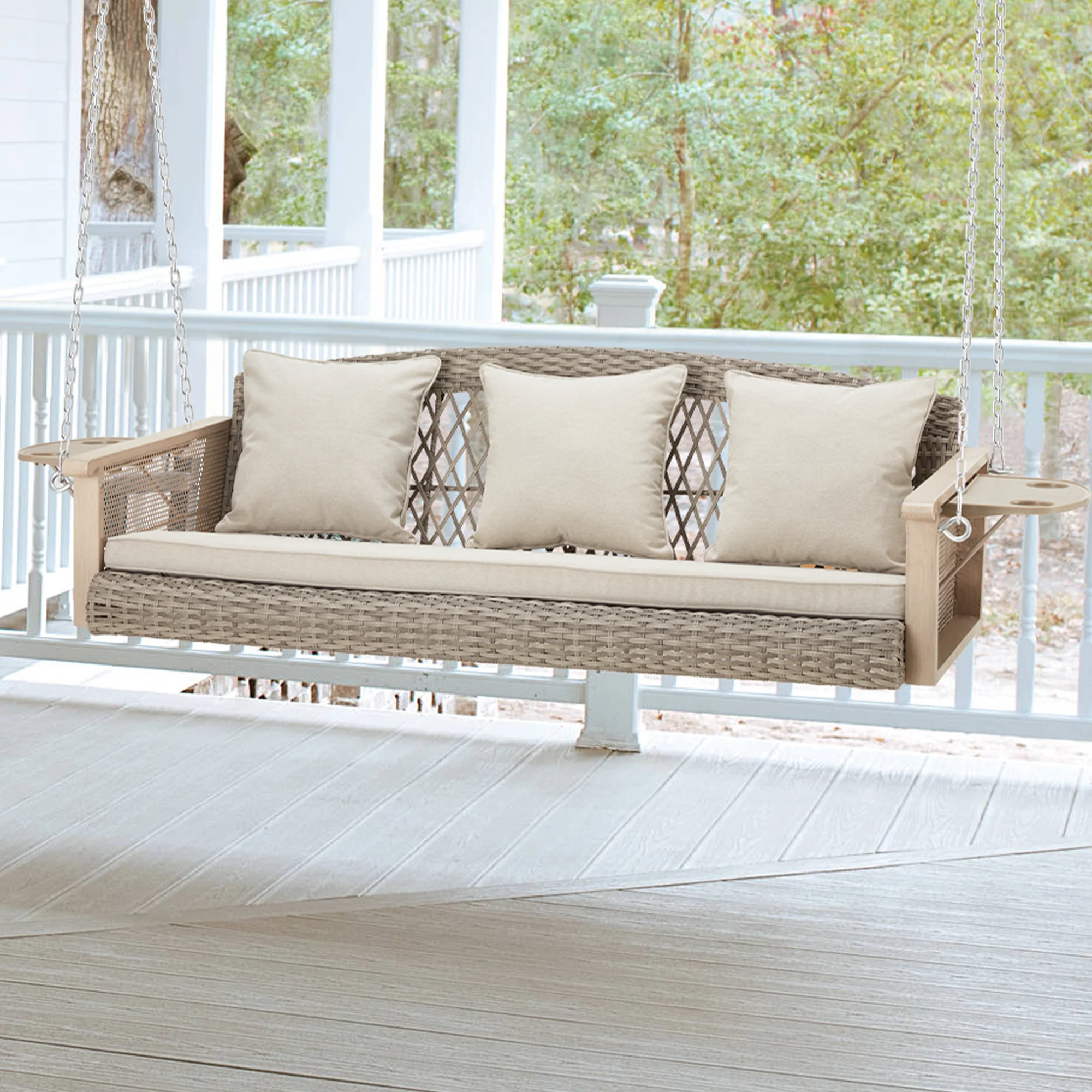 Homrest 3-Person Porch Swing 55in Wicker Hanging Swing Bench with Cushions and Cupholders for Deck, Garden and Backyard, Beige - Image 14