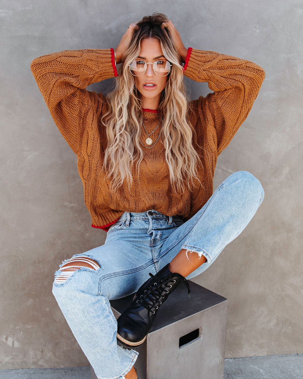 Chicago Strolls Cable Knit Sweater - Camel - Se7enfashion