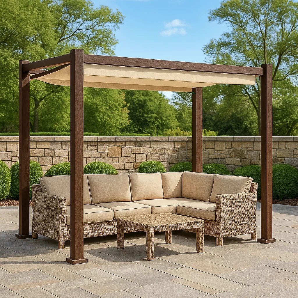 Pérgola,forma rectangular,material madera y tela,color marrón,techo plano,instalación independiente,tamaño 300x200x250 cm,uso para jardín o terraza - WnjOx8RCdyY7