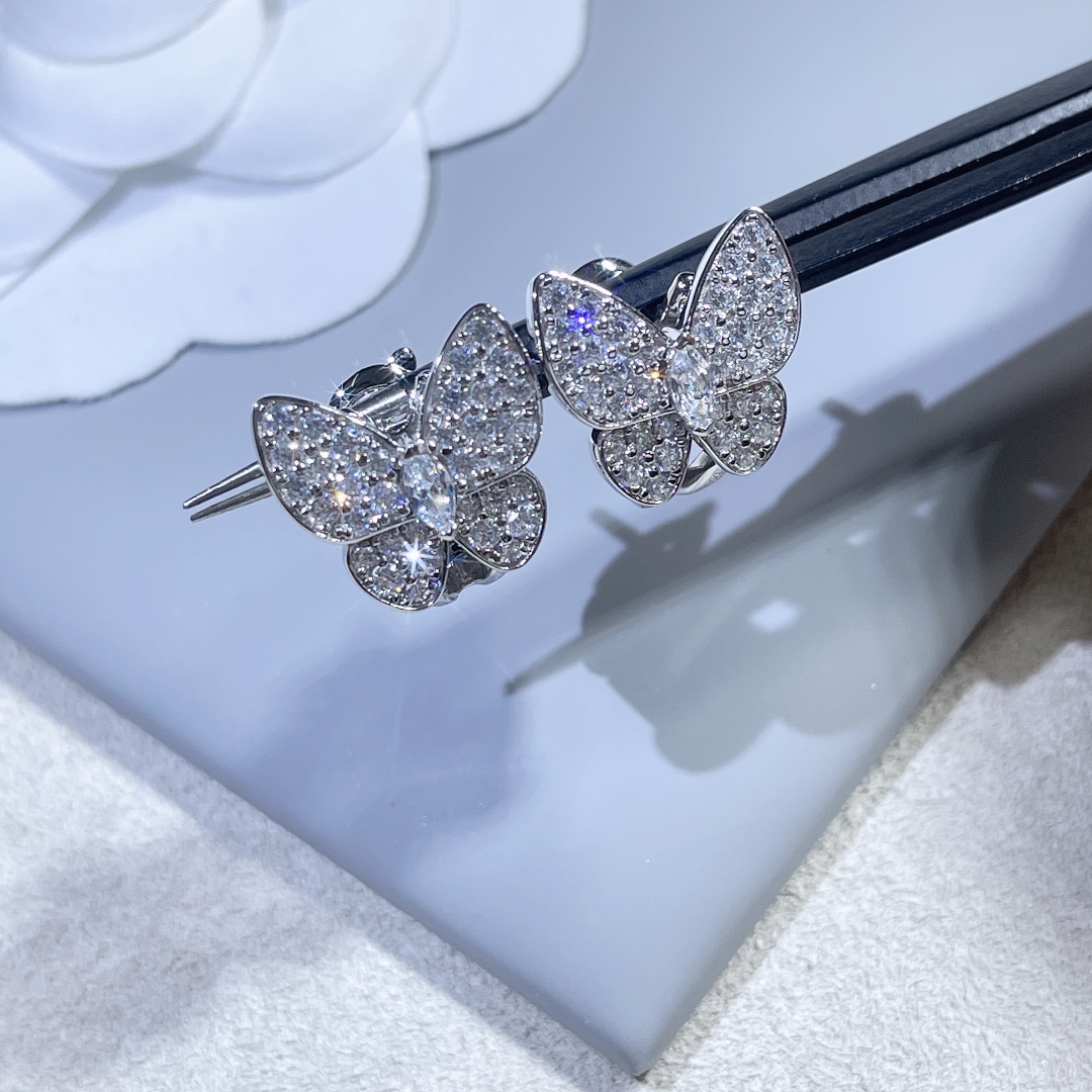 VCA Paved Diamond Silver Butterfly Earrings - Original Replica Club