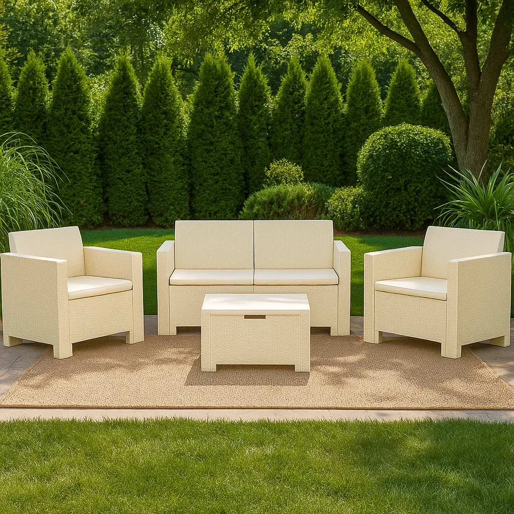 Conjunto de jardín para 4 personas, Estructura de ratán sintético, 1 sofá de 2 plazas, 2 sillones, 1 mesa baja, Blanco - jYHuIyJ216ur