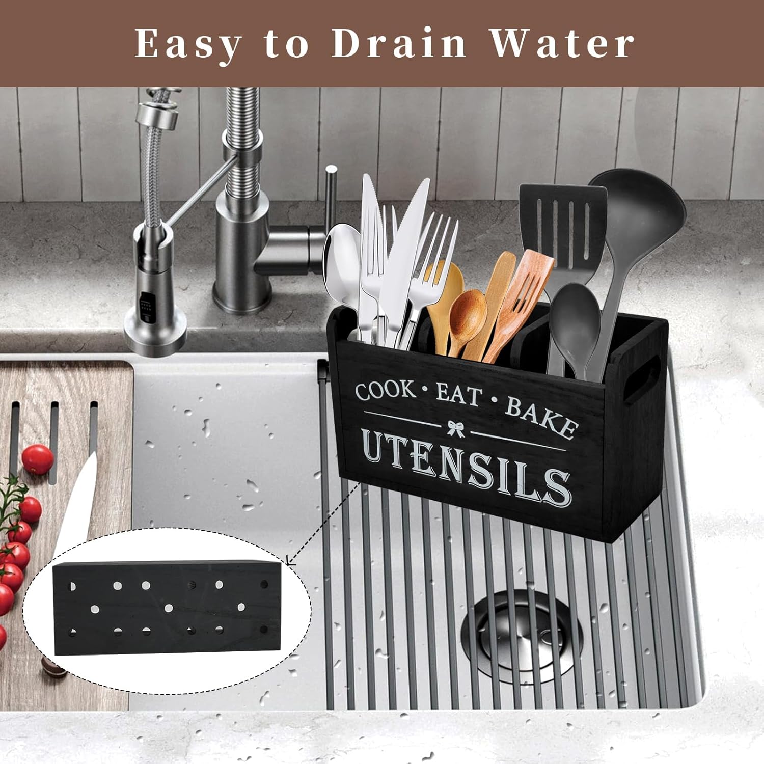 Kitchen Utensil Holder for Kitchen Counter, 3 Compartments Large Utensil Organizer with Drainer, Wooden Cutlery Caddy Holder, Cooking Tools Storage (Black)