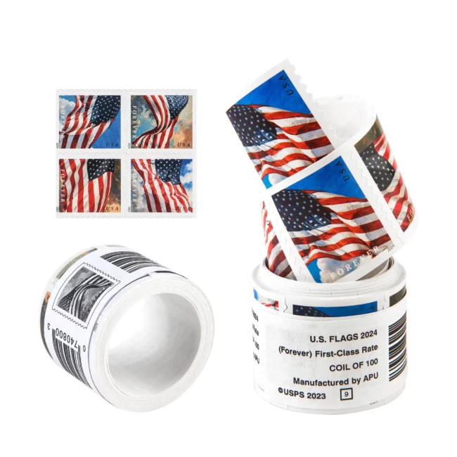 2024 U.S. Flag Forever Stamps - 100 Pcs Coil Roll (Self-Adhesive)(10 Coil / (1000 Stamps))