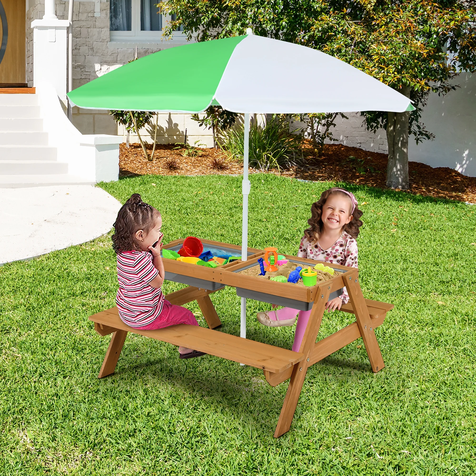 Costway 3-in-1 Kids Picnic Table Wooden Outdoor Sand & Water Table with Umbrella Play Boxes Green - Image 30