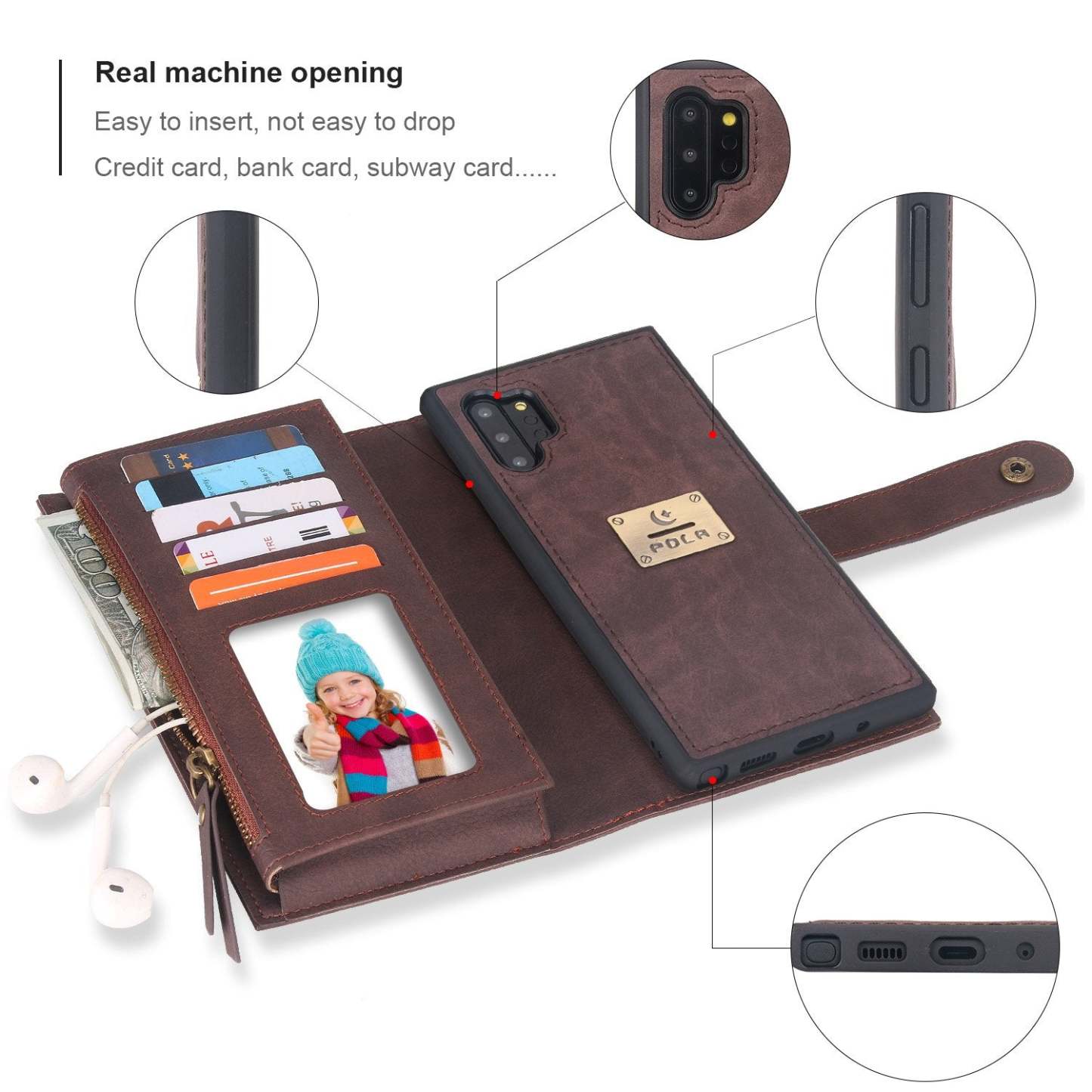 POLA Samsung Wallet Case , Leather Zipper Purse Detachable Magnetic 10 Card Slots Money Pocket Clutch Protection Back Cases Cover