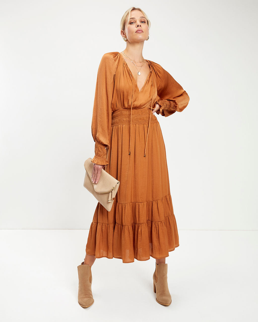 Robbie Satin Midi Dress - Camel - Se7enfashion