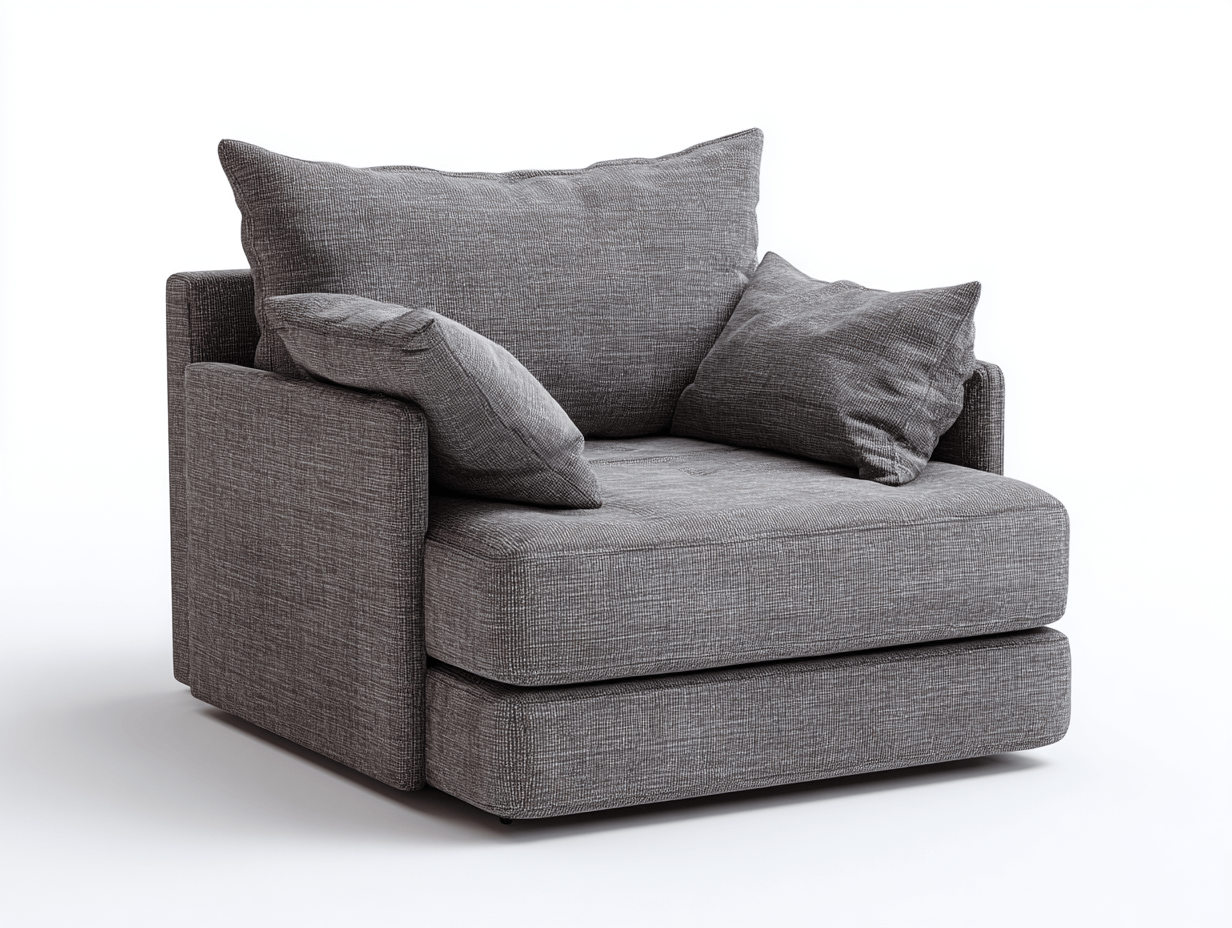Sillón individual – tela – gris oscuro – diseño moderno – con un cojín de respaldo y dos cojines decorativos
