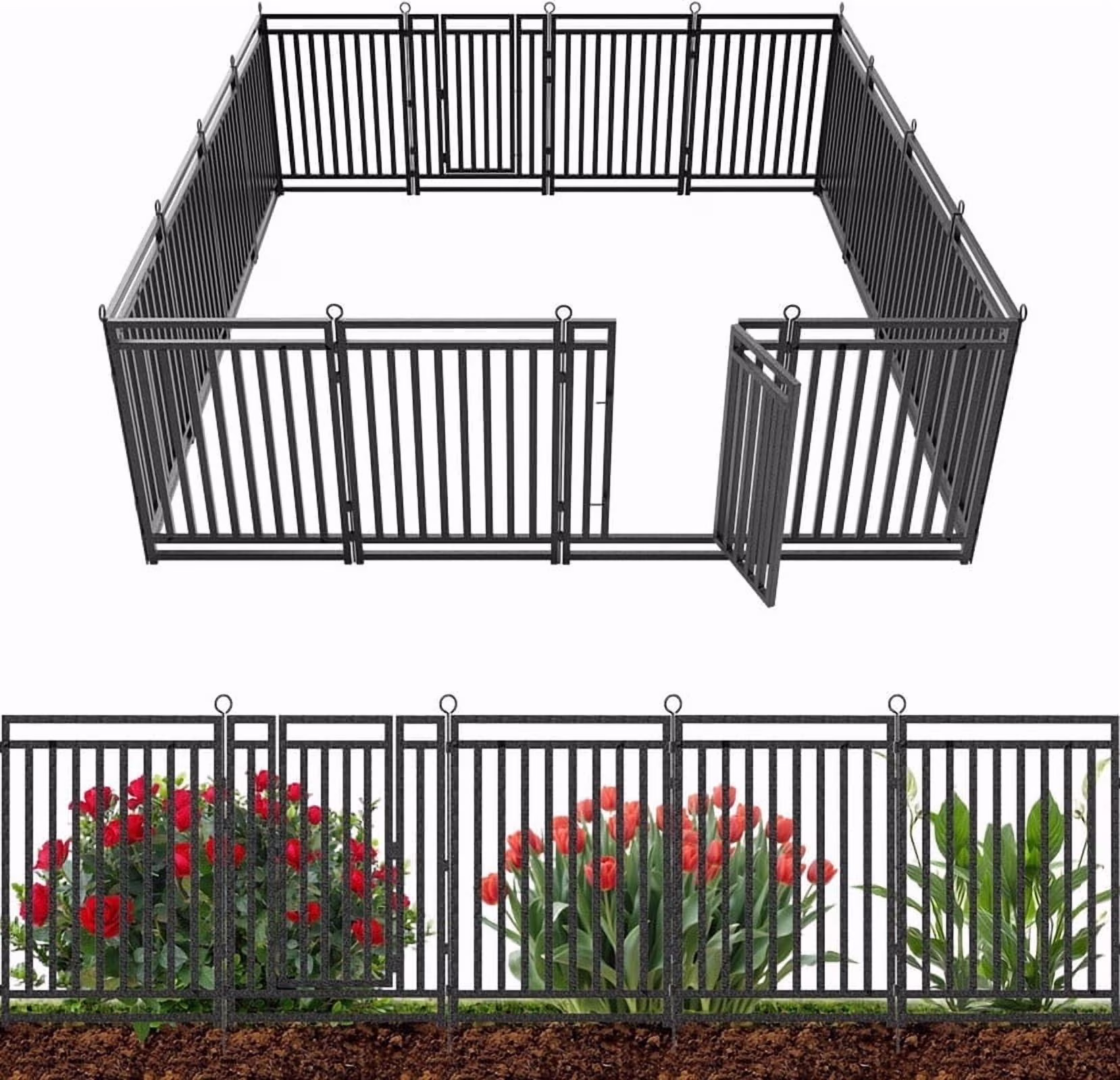Petorldog Decorative Garden Fence Metal Dog Fence Outdoor for Yard, 36ft (L) x 40in (H), 14 Panels + 2 Gates, No Dig Fence for Patio | Black - Silver(40??/8 Panels)