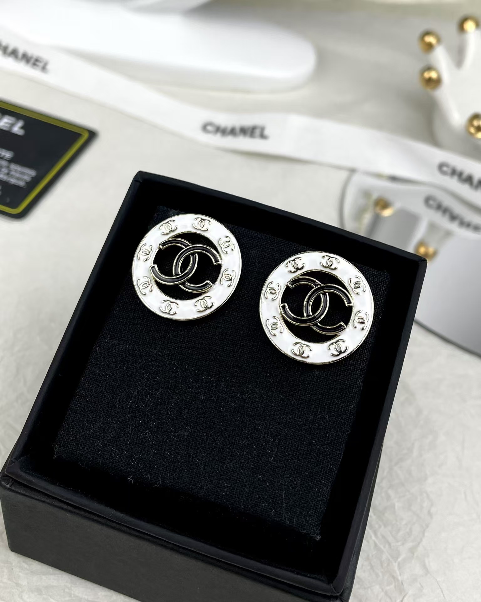 Chanel Round White and Black Enamel Stud Earrings - Original Replica Club
