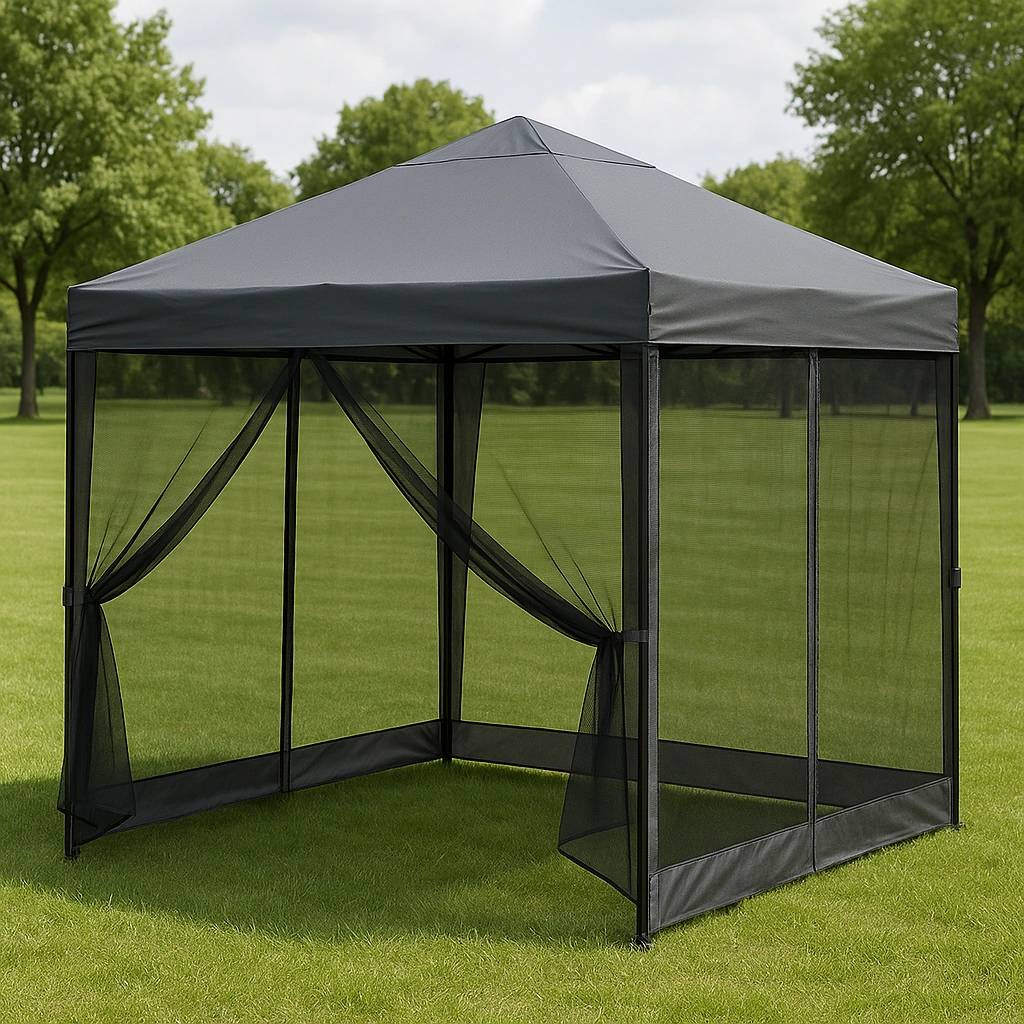 Pérgola con paredes de malla, gris, metal y tela, exterior, 300x300x250 cm