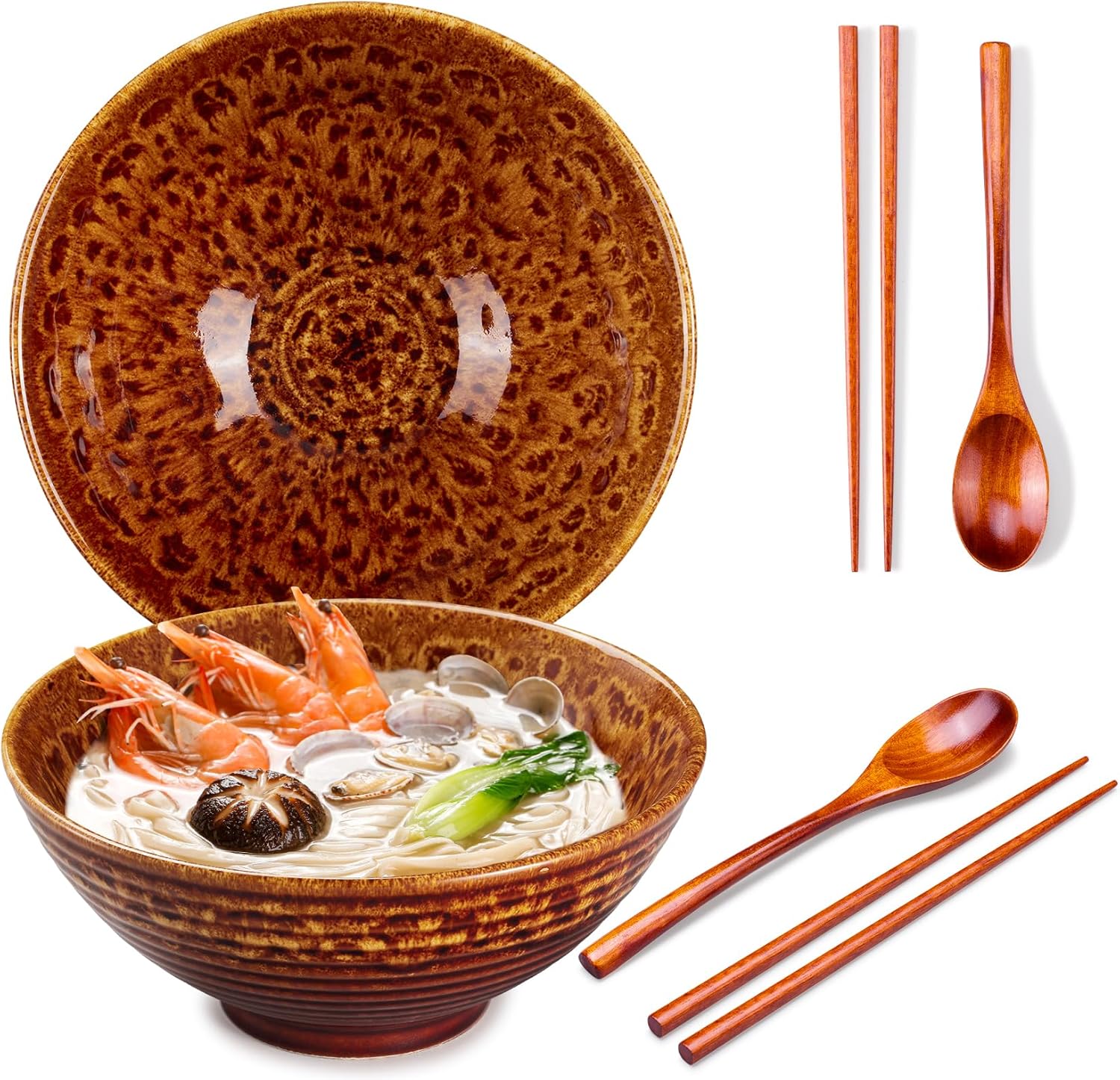 2x Ceramic Ramen Bowls - 40 oz - 20cm - With Spoon and Chopsticks for Ramen Soup Pho Udon Asian Noodles, Large Noodle Bowls (Brown glaze 2 sets)